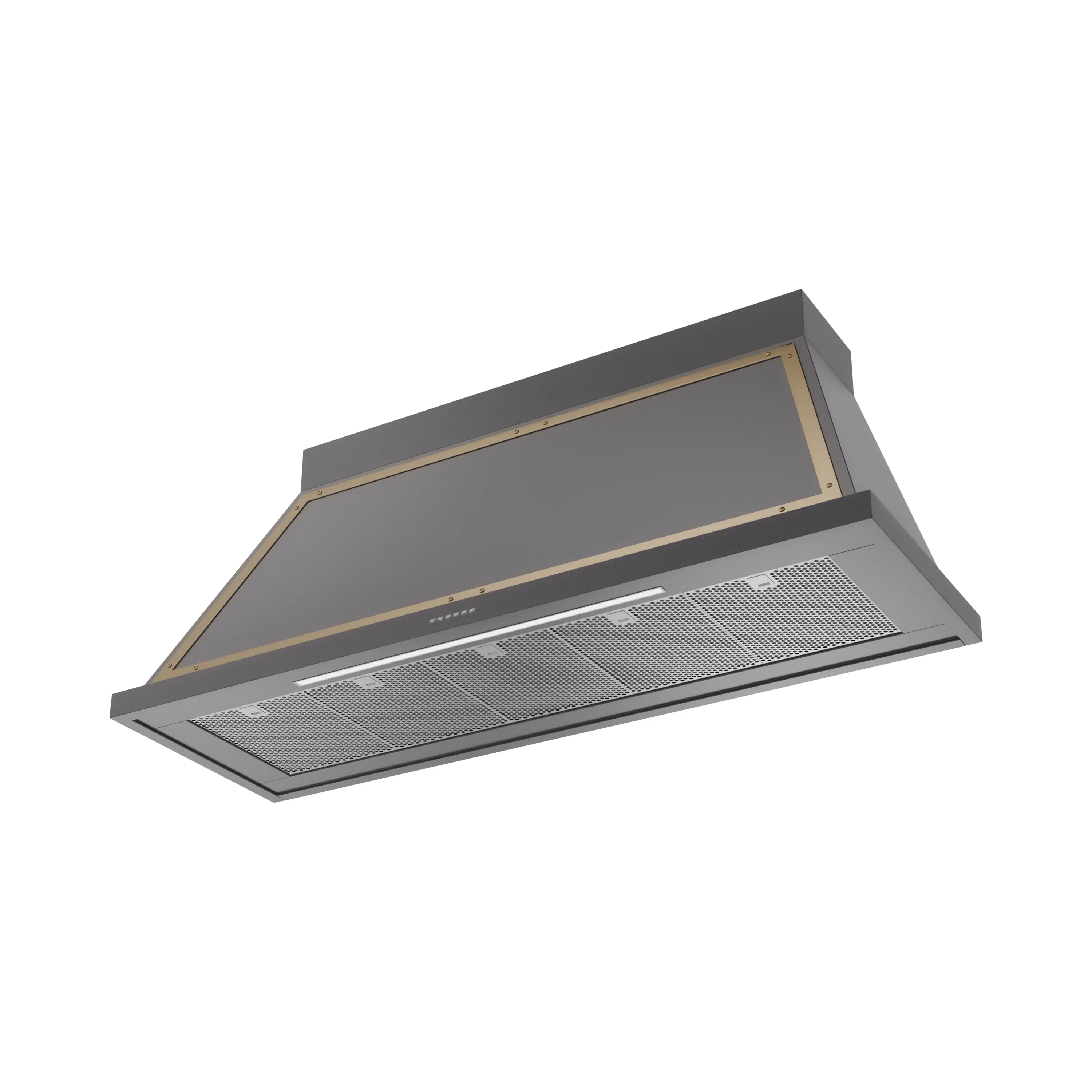 Graphite wall-mounted range hood with brass trim, mesh filters, and controls