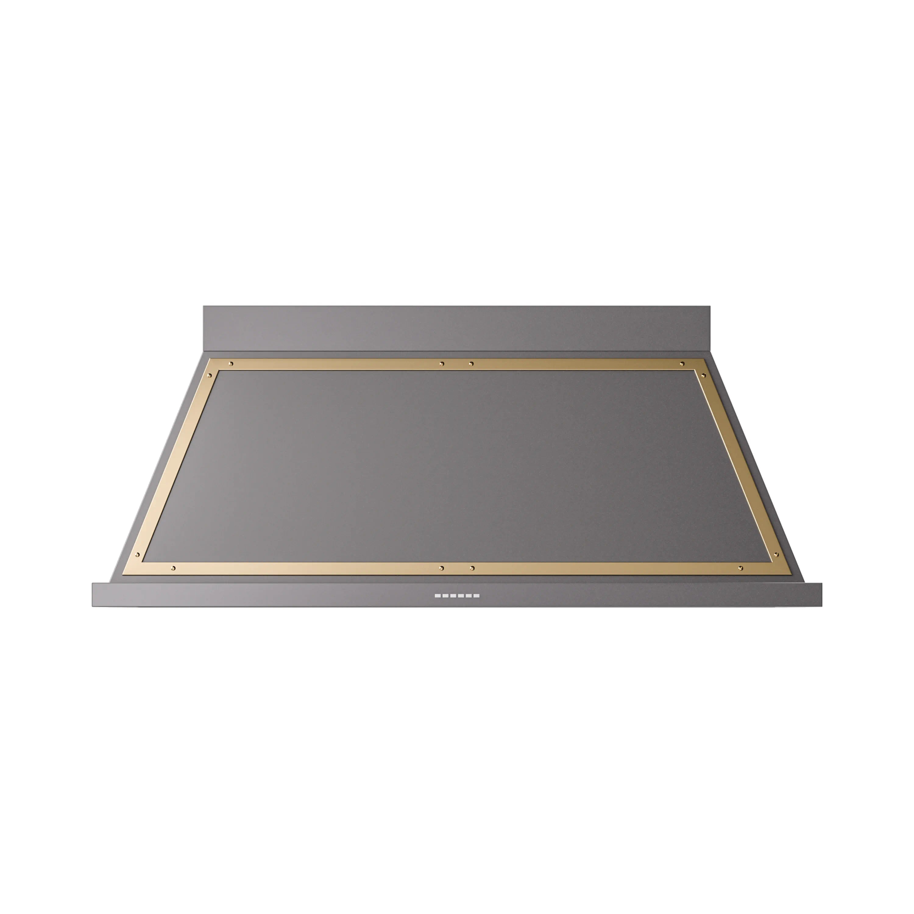 Graphite matte wall-mounted range hood with brass-trimmed underside and front vents