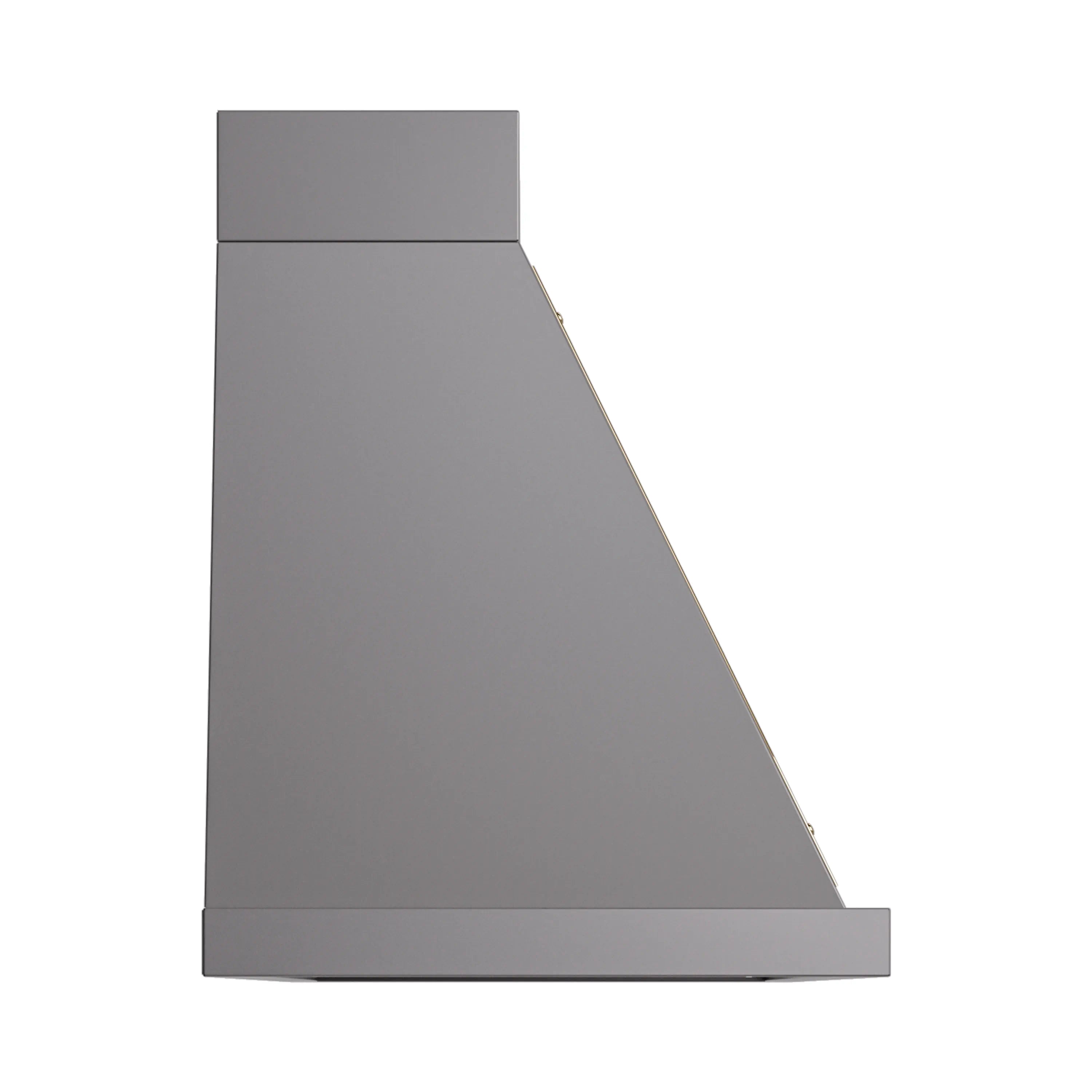 Graphite matte wall-mounted range hood with brass-trimmed chimney and side panels