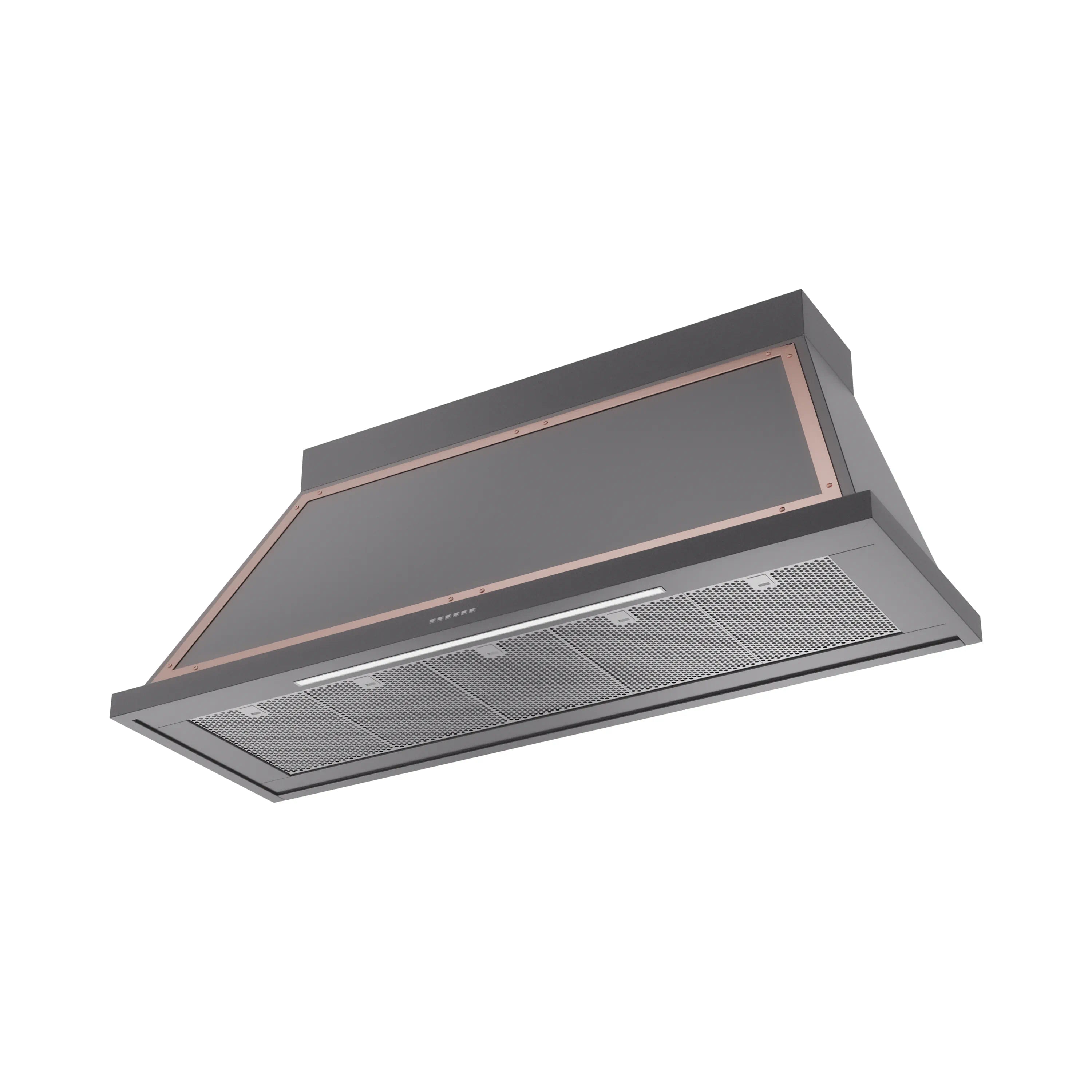 Graphite matte wall hood with copper-trimmed canopy and mesh filter panel