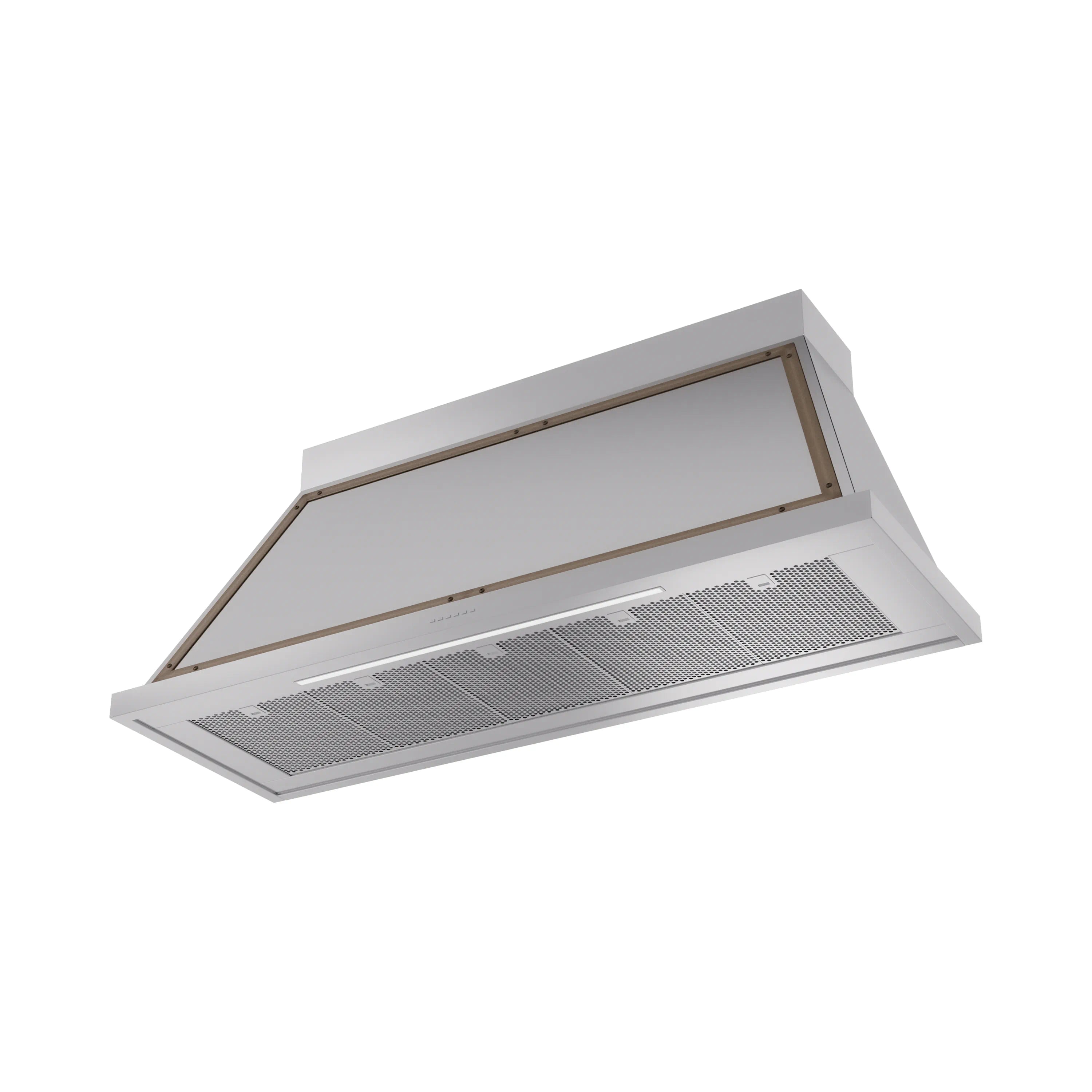 Wall-mounted range hood with stainless steel body, bronze frame, and ventilator filter panels