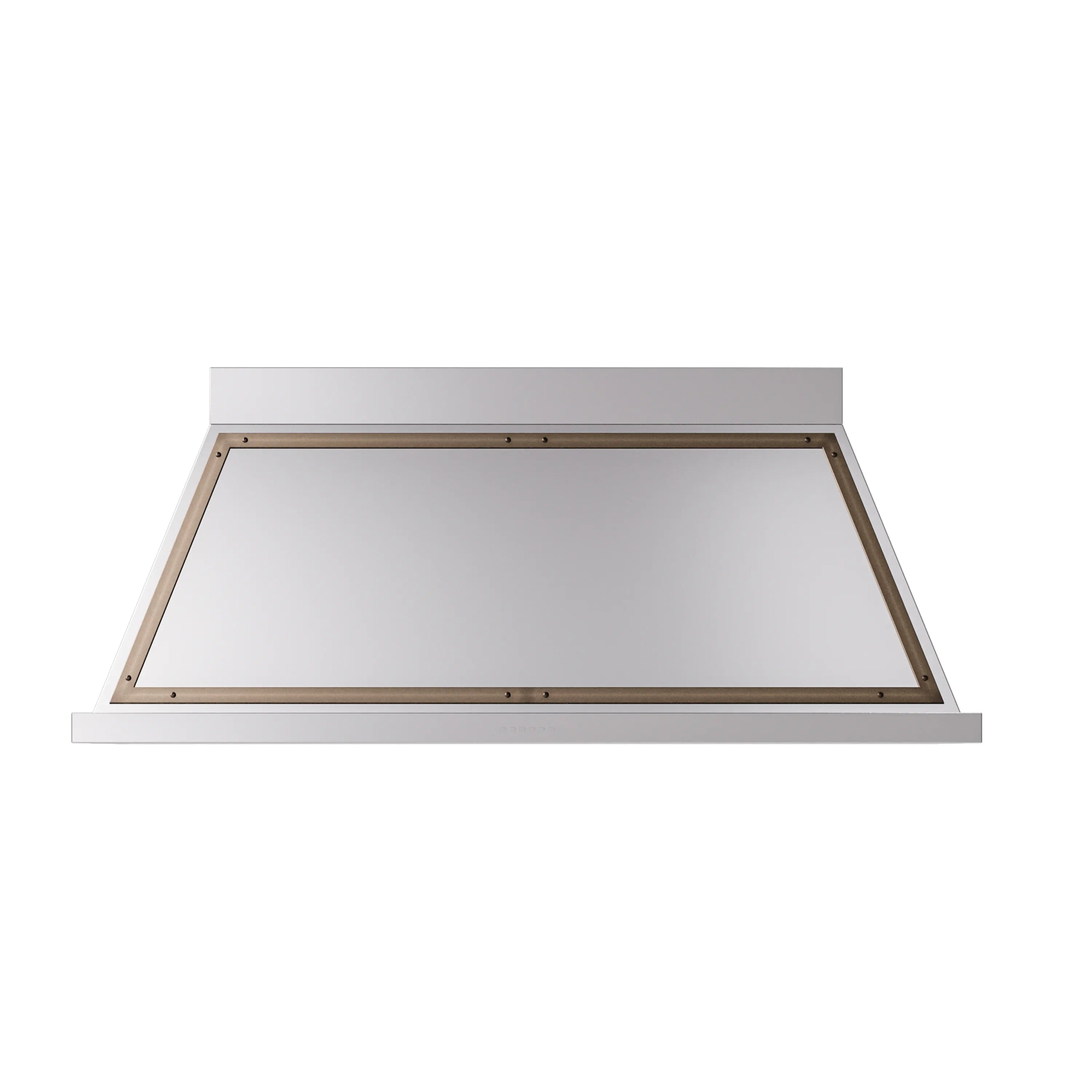 Wall-mounted range hood underside, stainless steel with bronze interior frame and recessed panel
