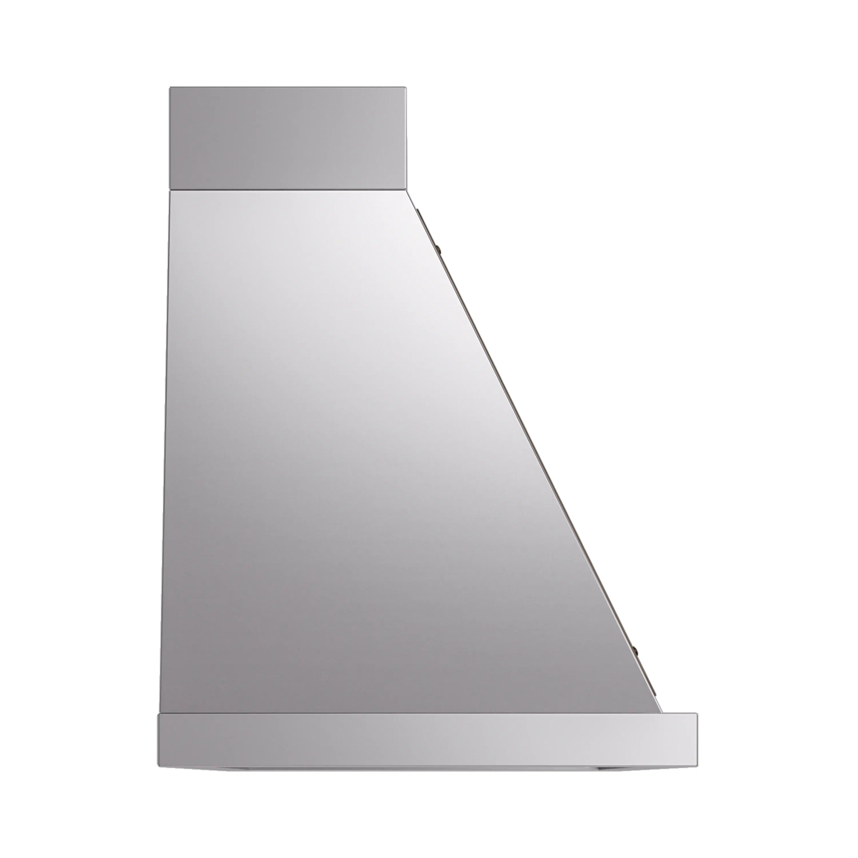Wall-mounted range hood, stainless steel with bronze-trimmed canopy and curved chimney