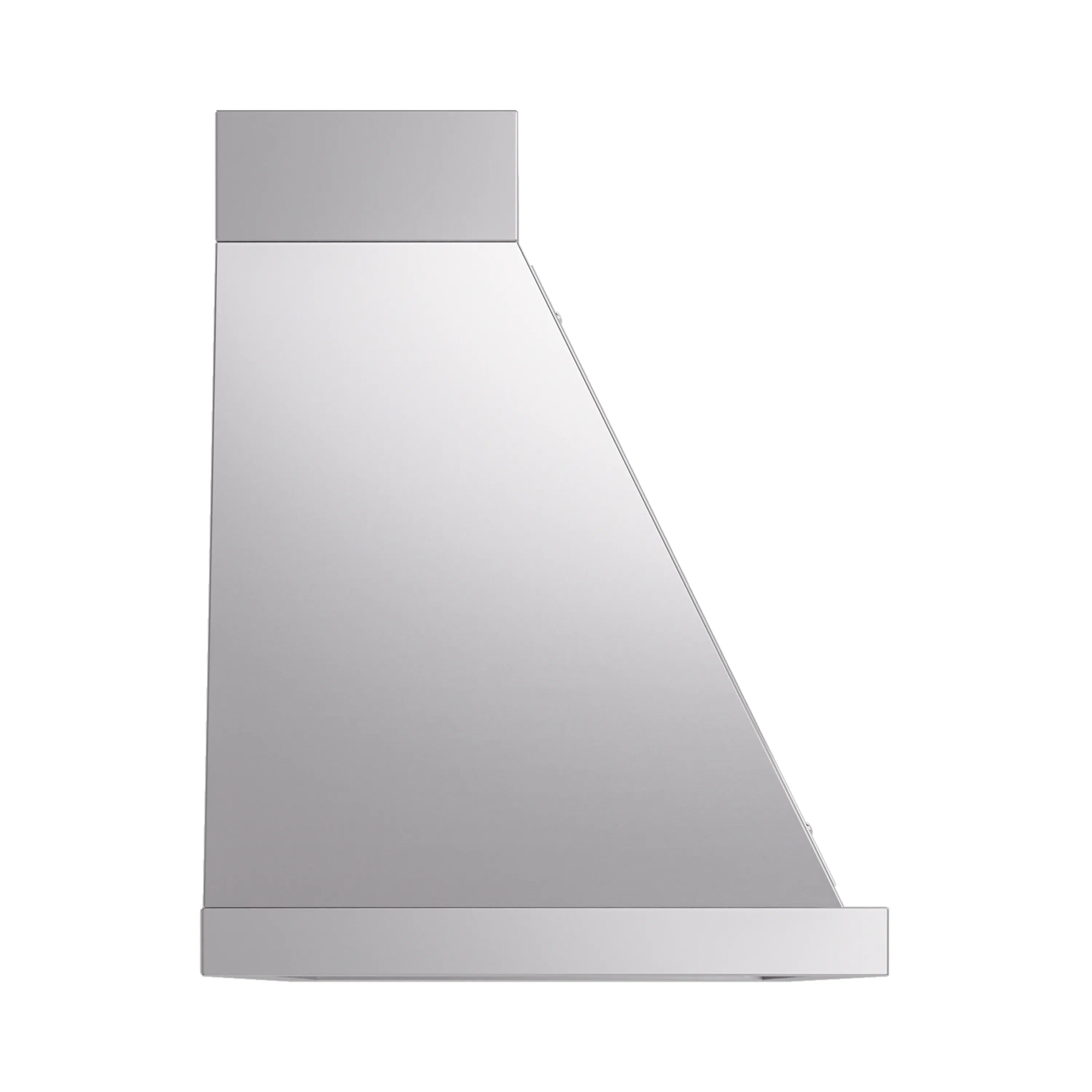 Wall-mounted range hood side profile with angled chimney and lower vent panel