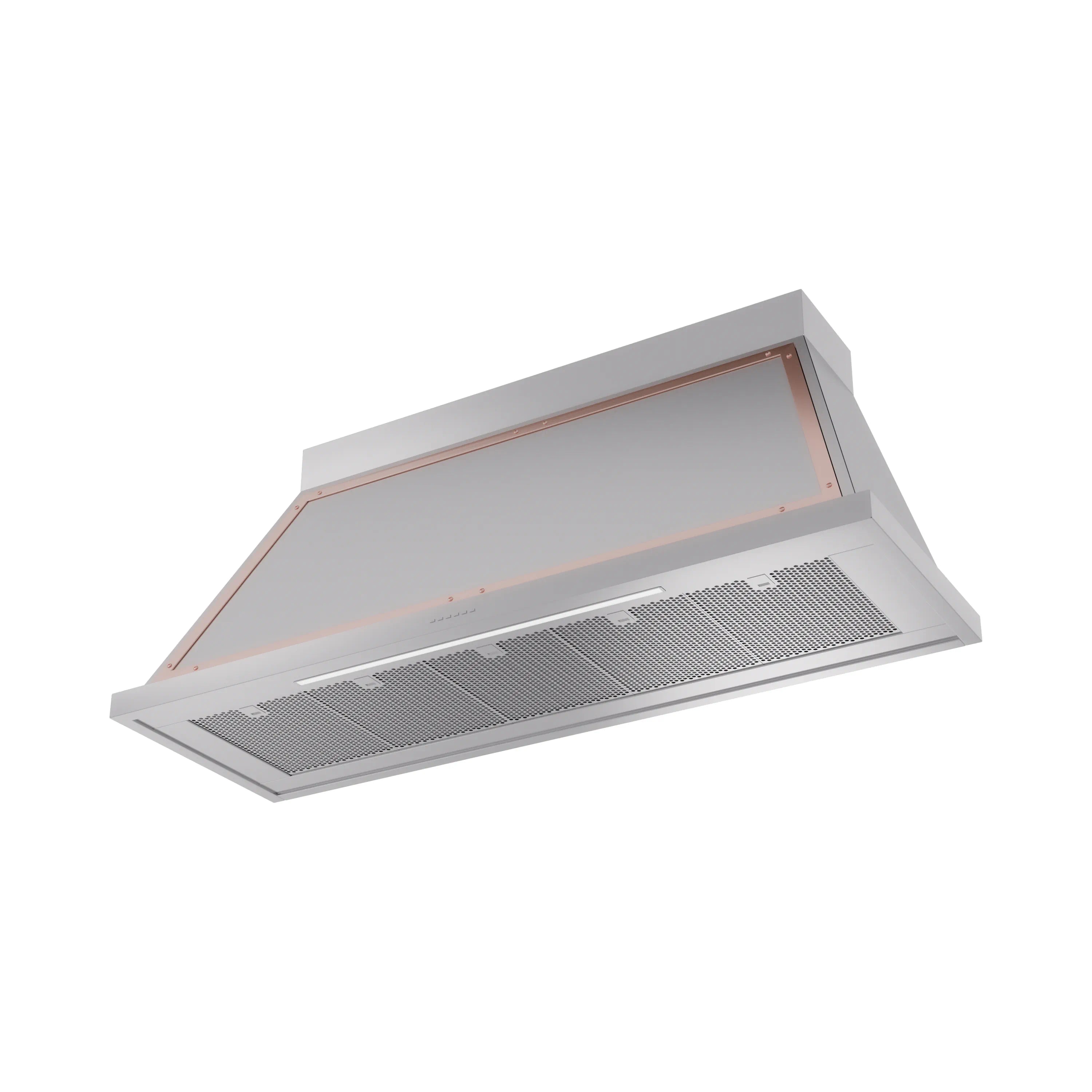 Stainless steel wall range hood with copper trim and front mesh grease filters