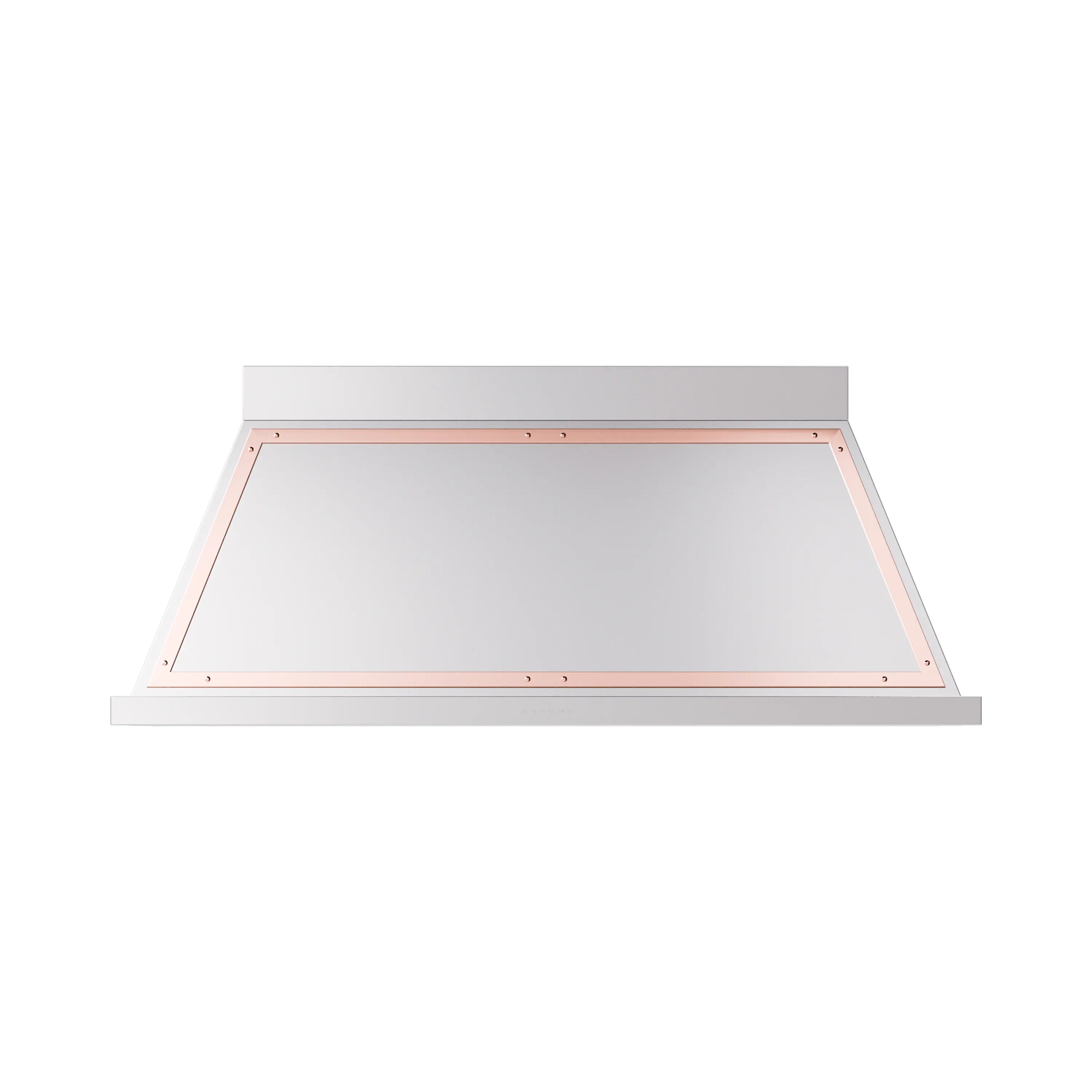 Stainless steel wall range hood with copper-trimmed canopy and filter opening