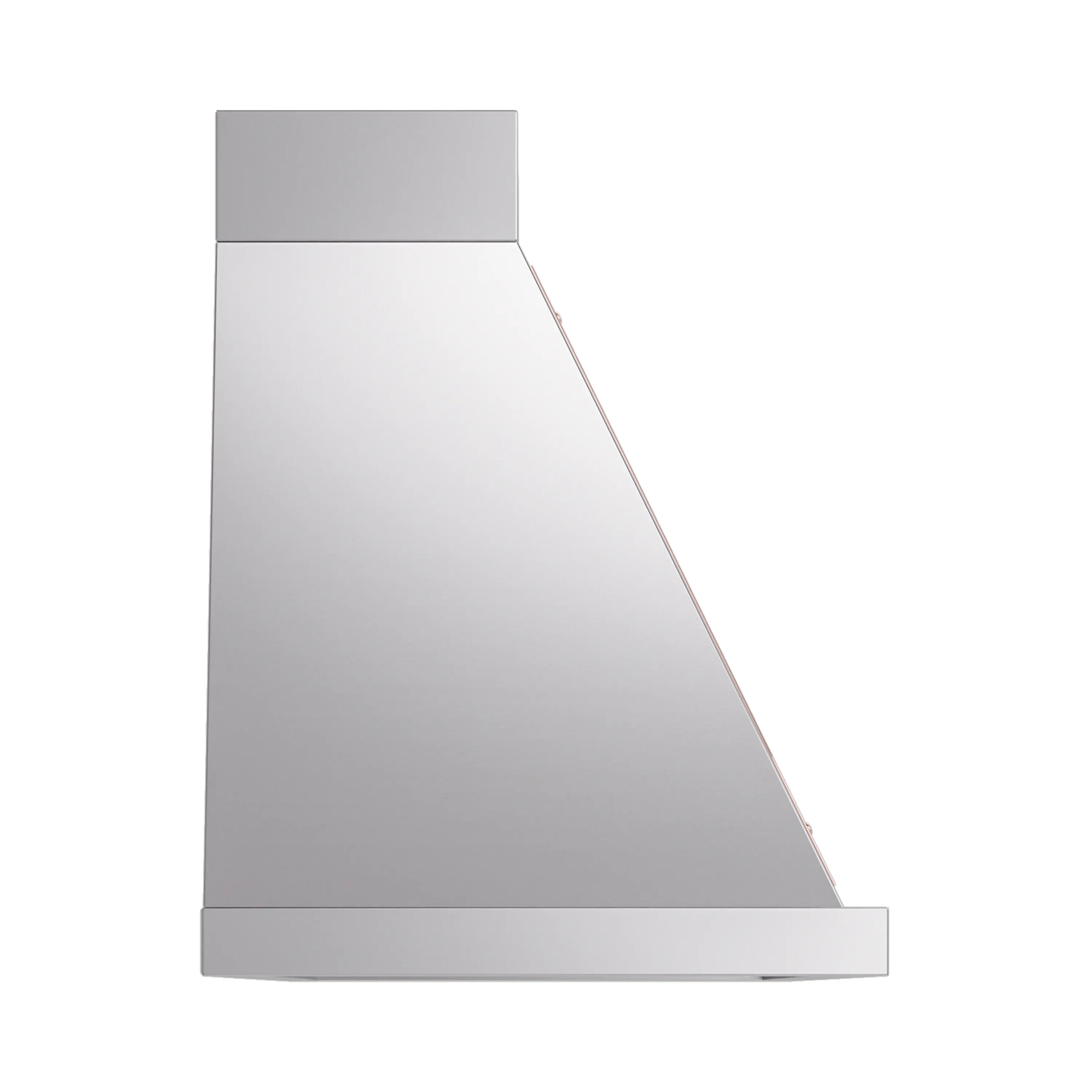 Stainless steel wall range hood with slanted canopy and copper edge trim