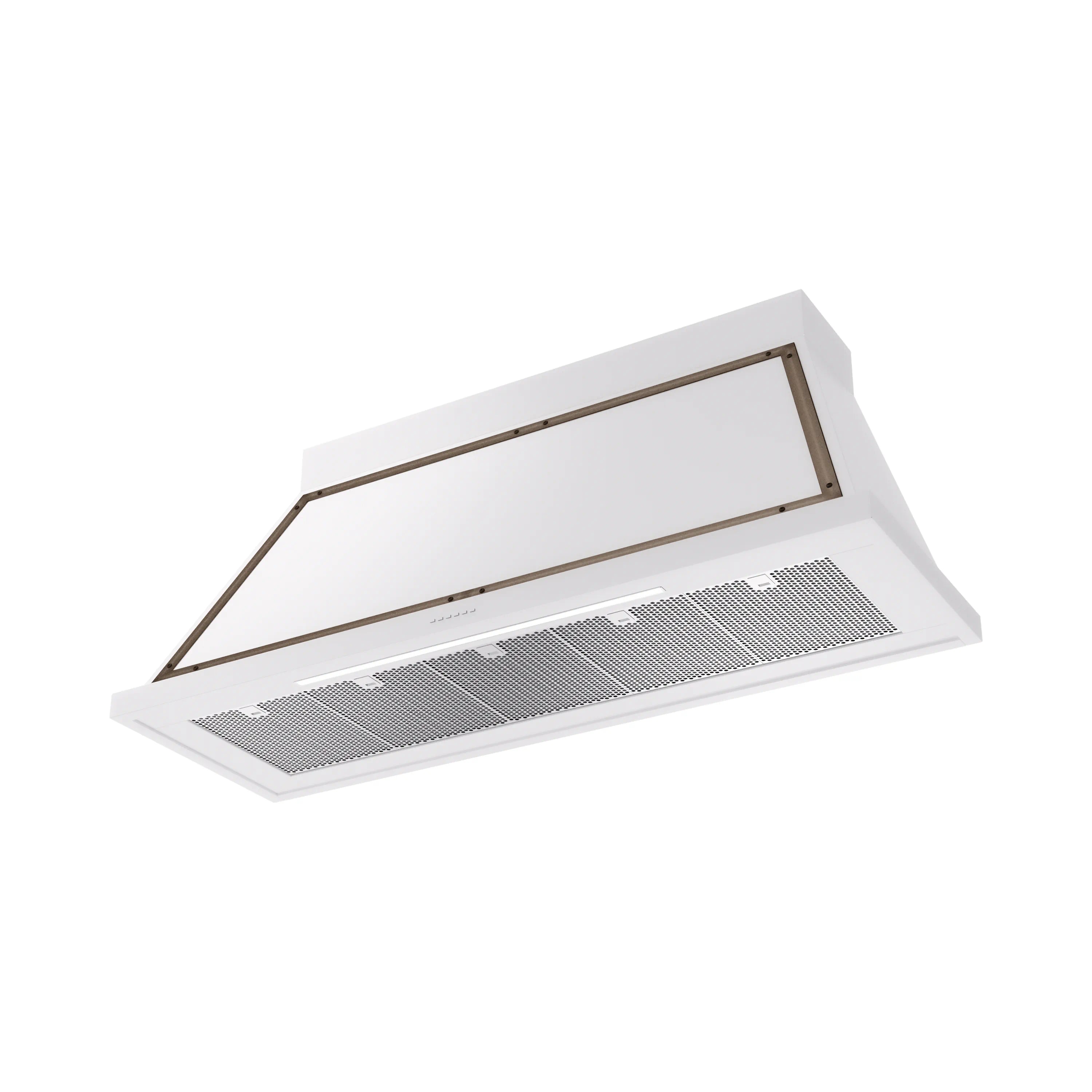 White wall-mounted range hood with bronze frame and front vent grille