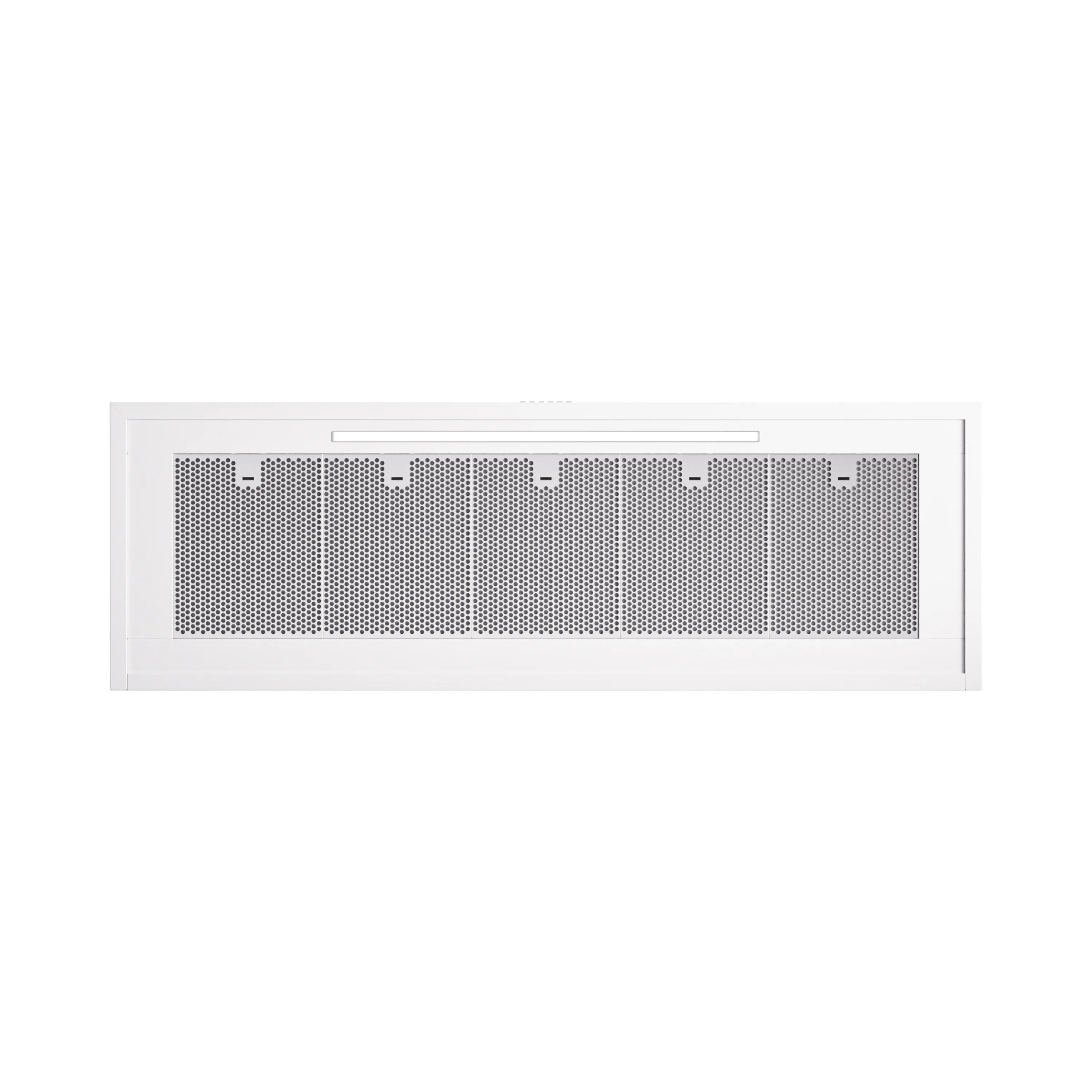 White wall range hood with copper-trimmed edge and front grille filter panel