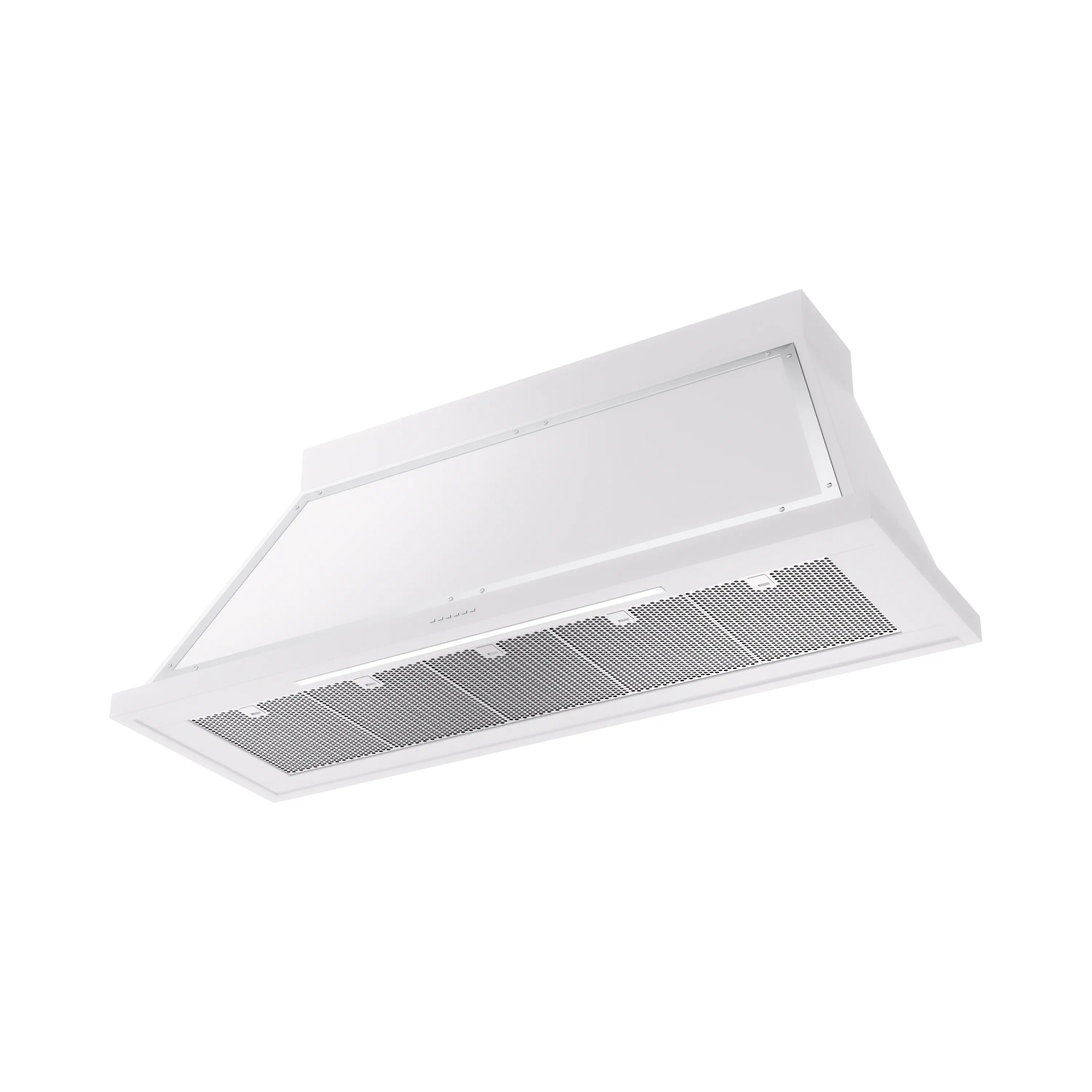 White wall-mounted range hood with vented filter panel and chrome-trim edge
