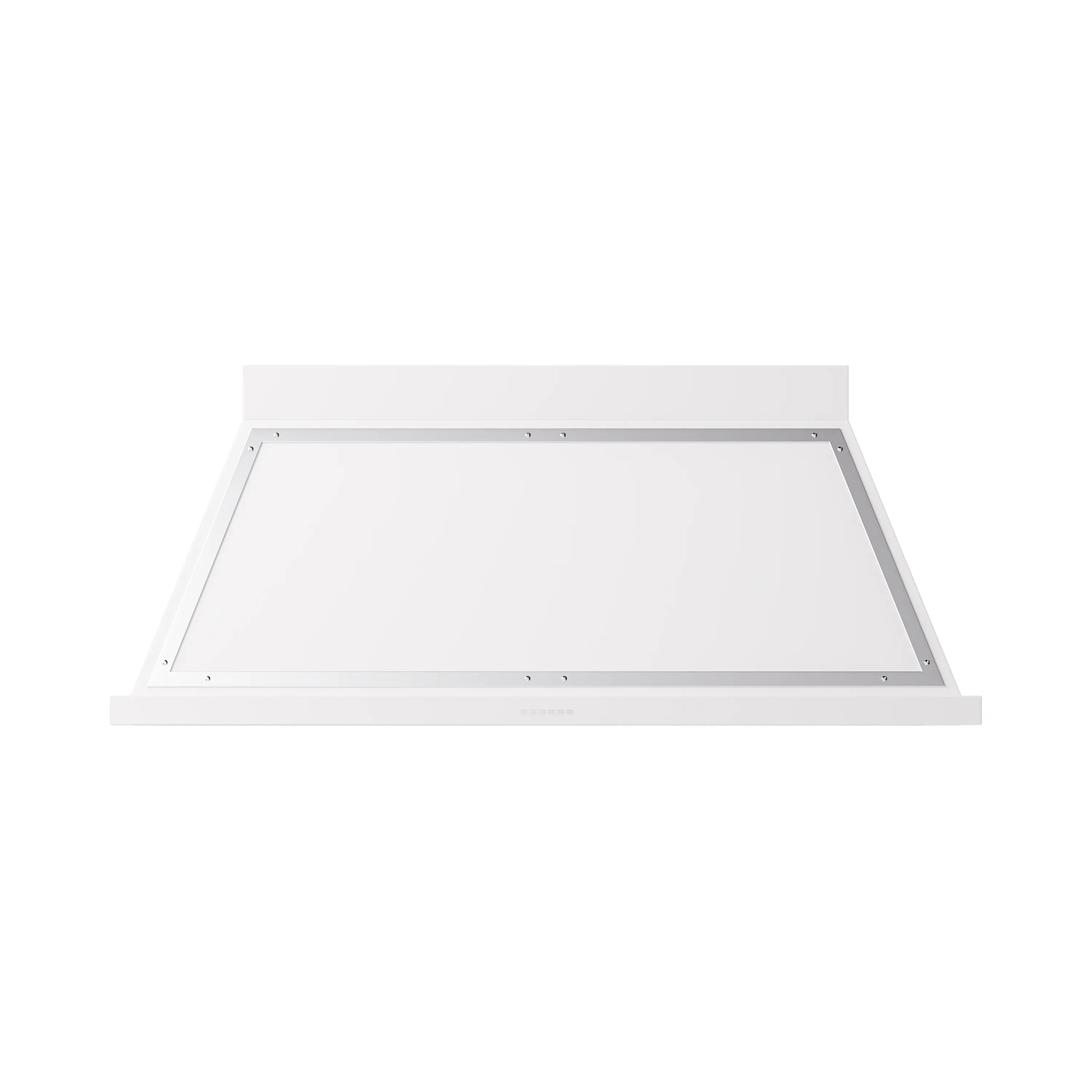 White wall-mounted range hood underside with open front panel and frame