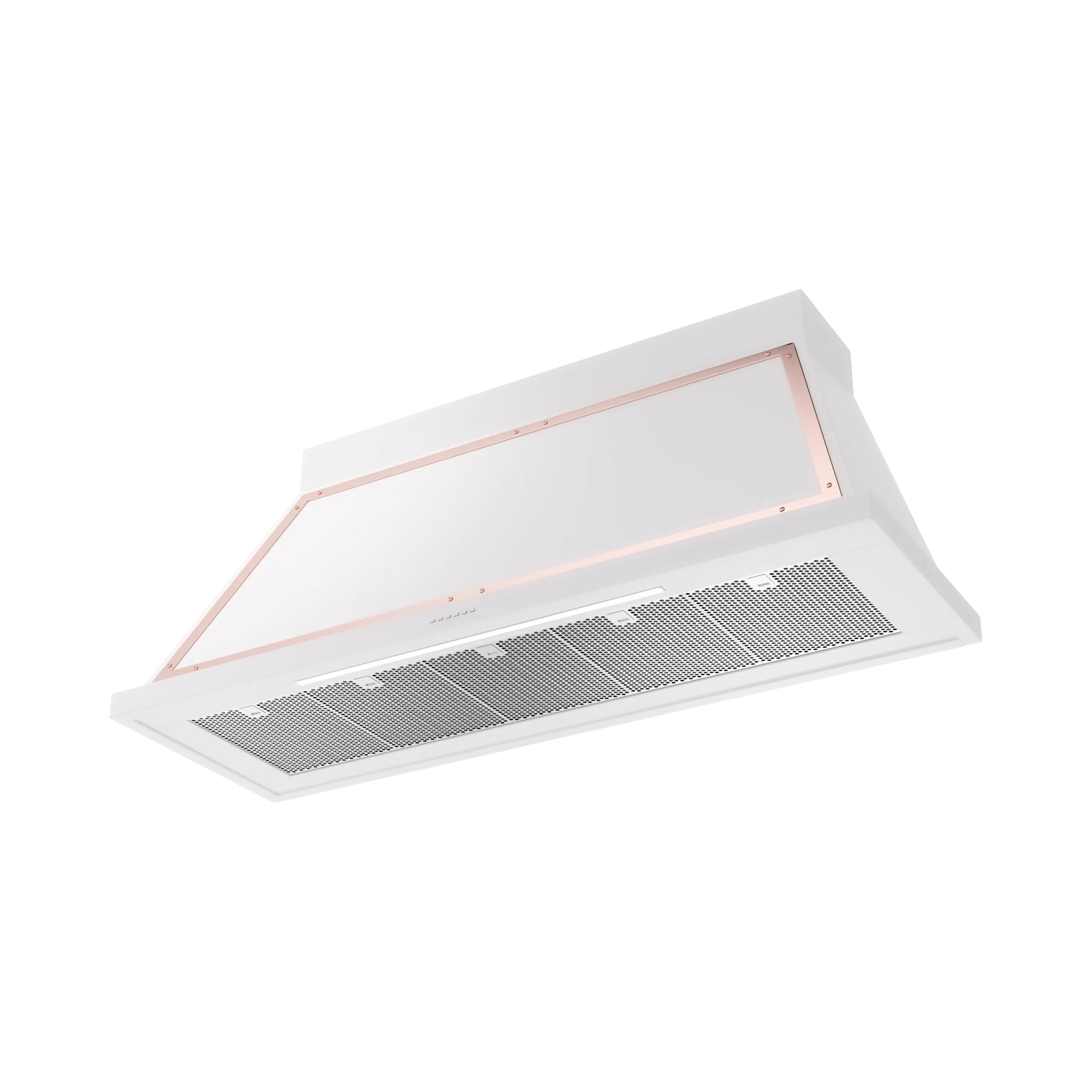 White wall range hood with copper trim and front vent grille filters