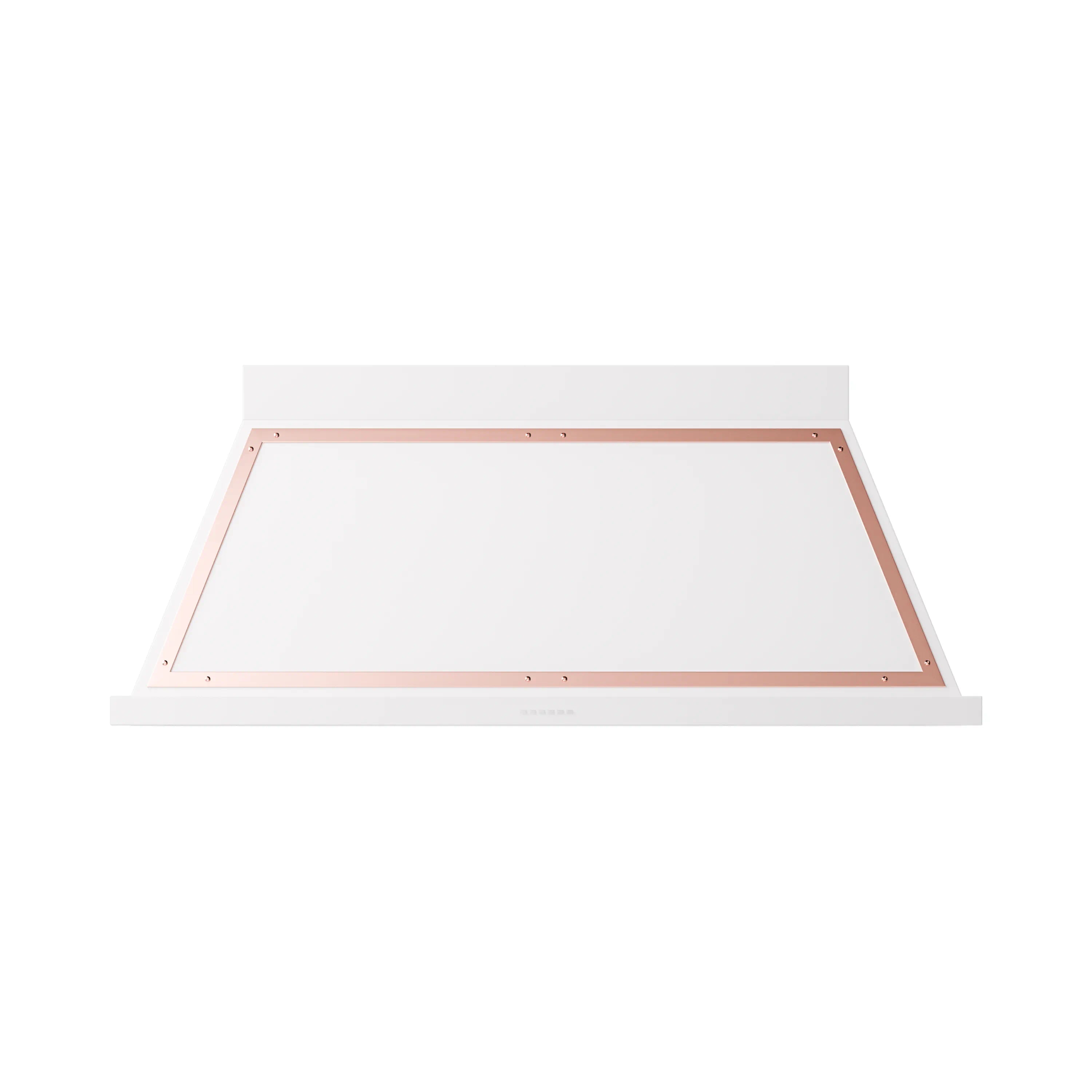 White range hood underside with copper mounting frame and recessed filter slots