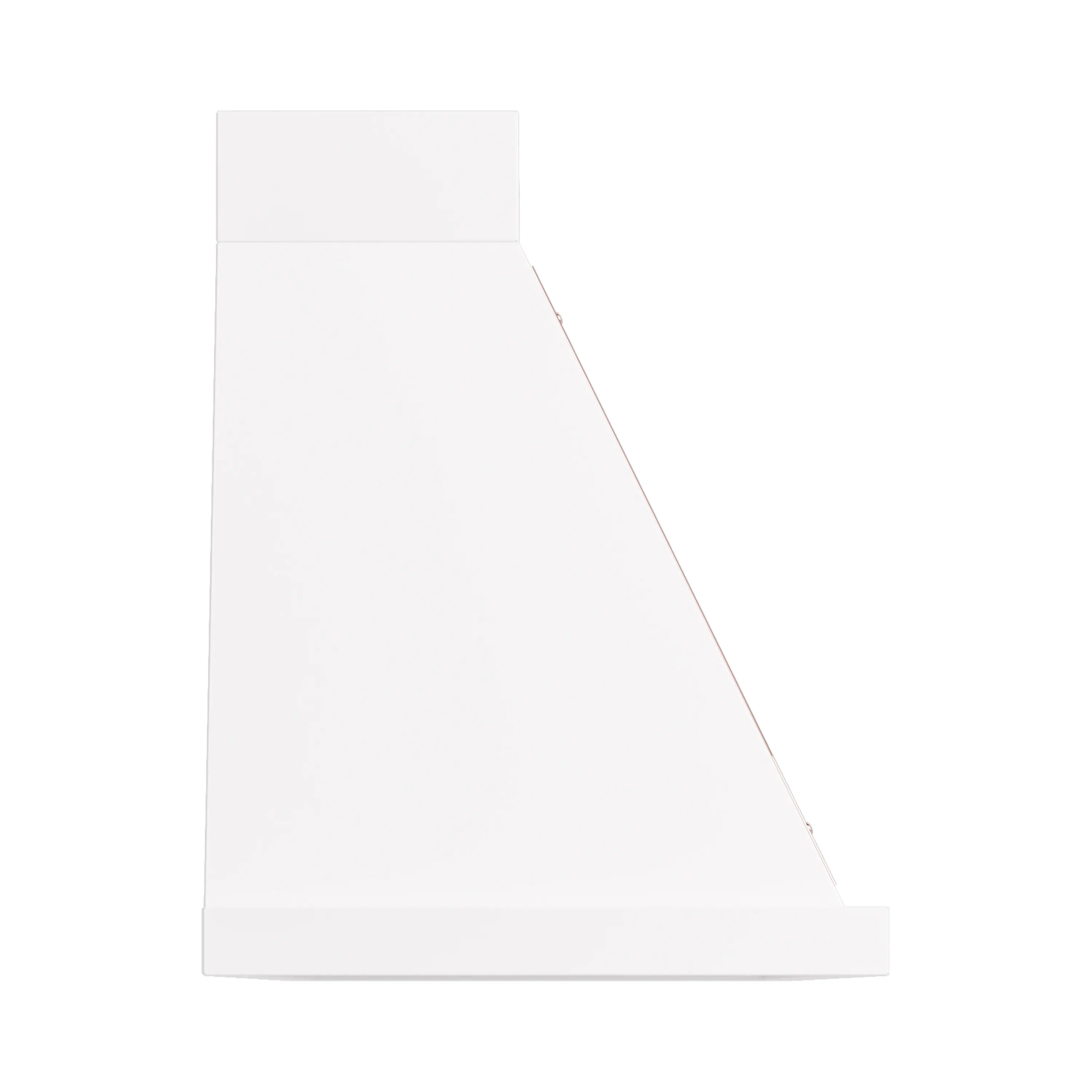 White wall mounted range hood with copper-trimmed angled side panel
