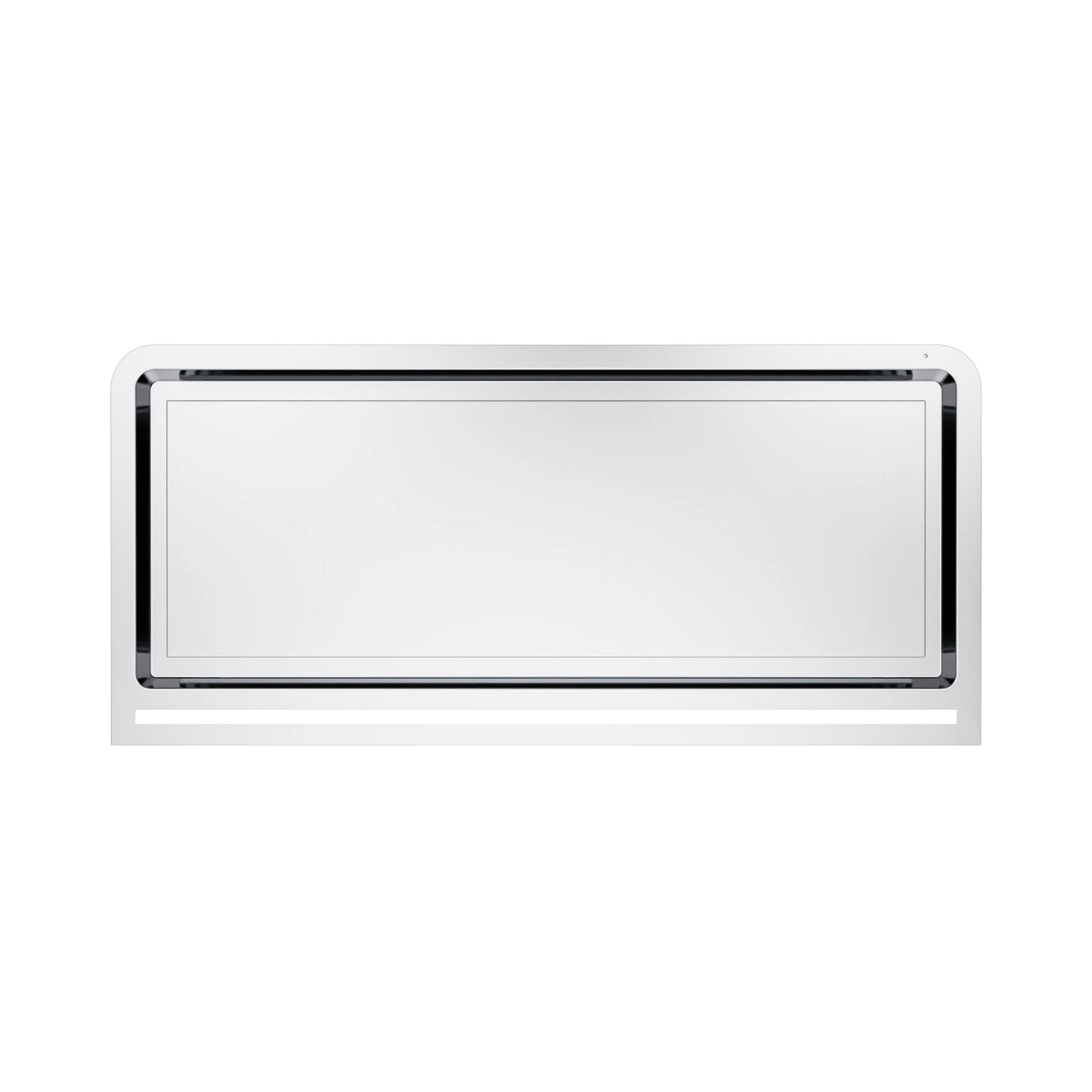 Stainless steel ducted range hood with rectangular control panel, front view