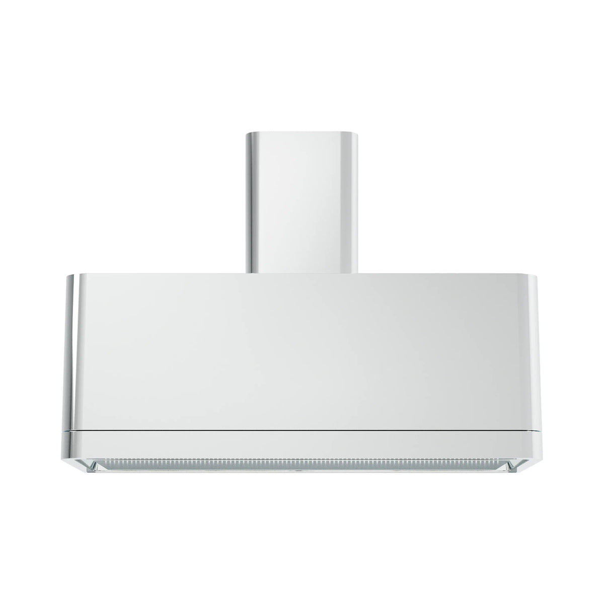 Stainless steel ducted range hood with vertical flue pipe, front side view