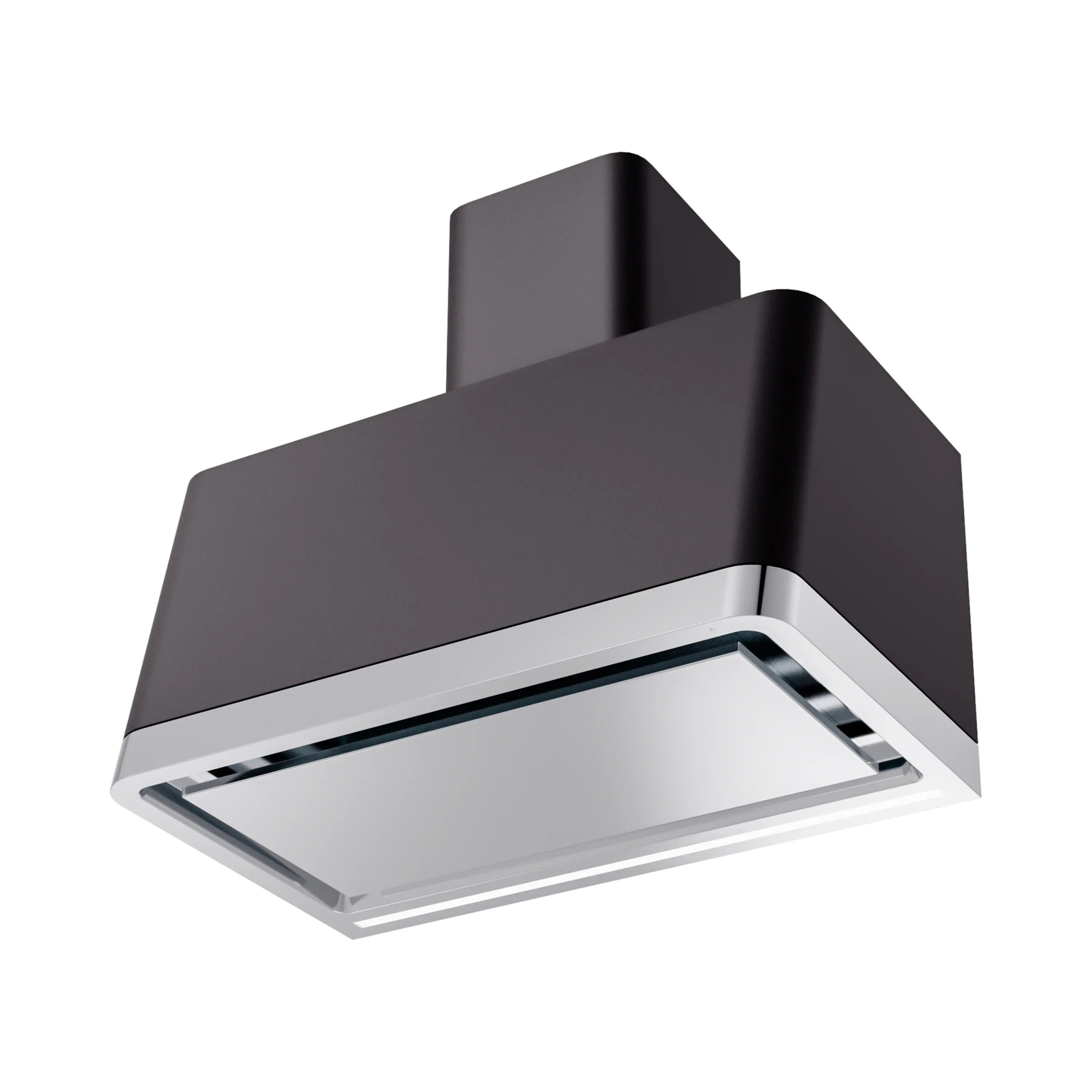 Matte black ducted range hood with panoramic chimney and stainless vent opening