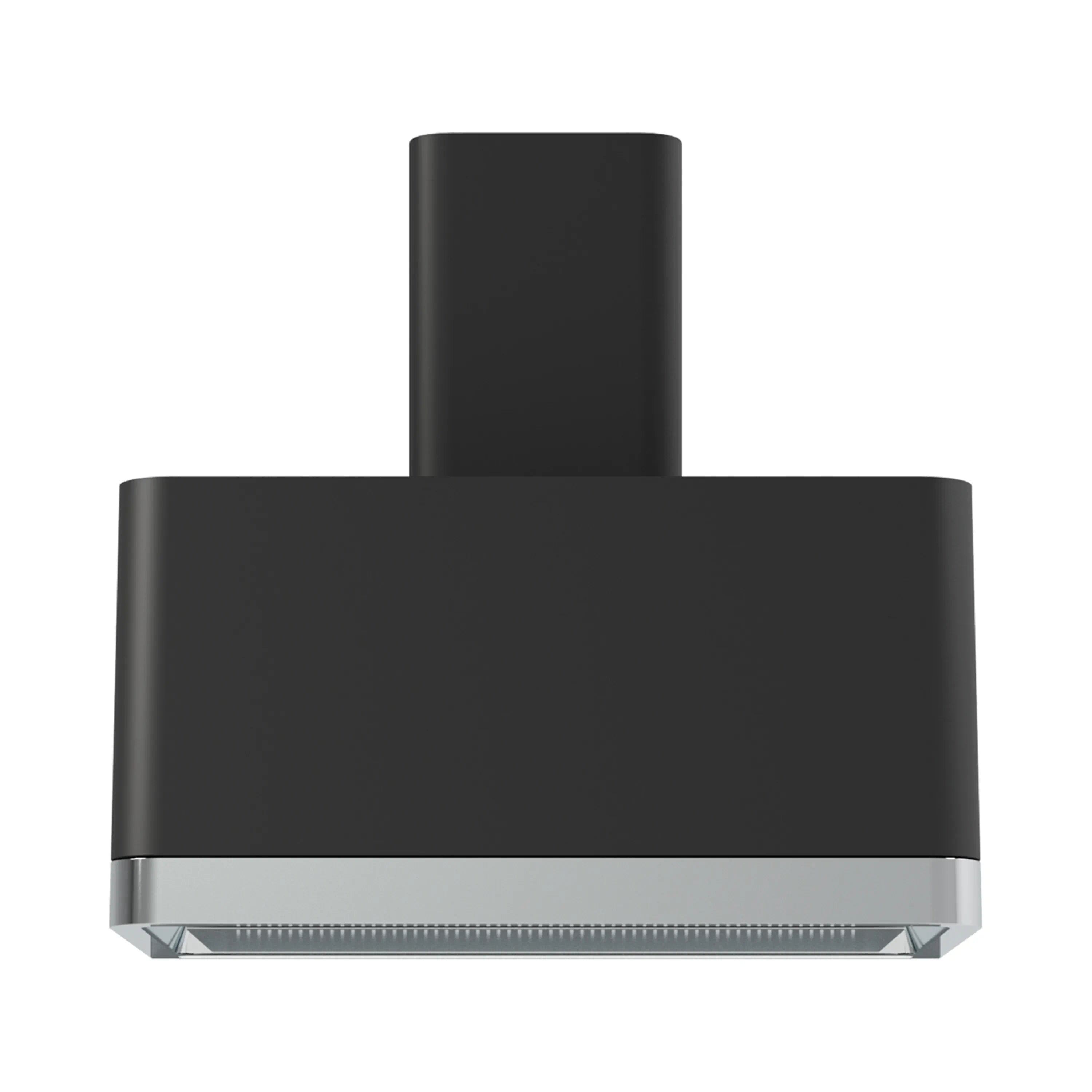 Matte black ducted range hood underside with airflow grille vent