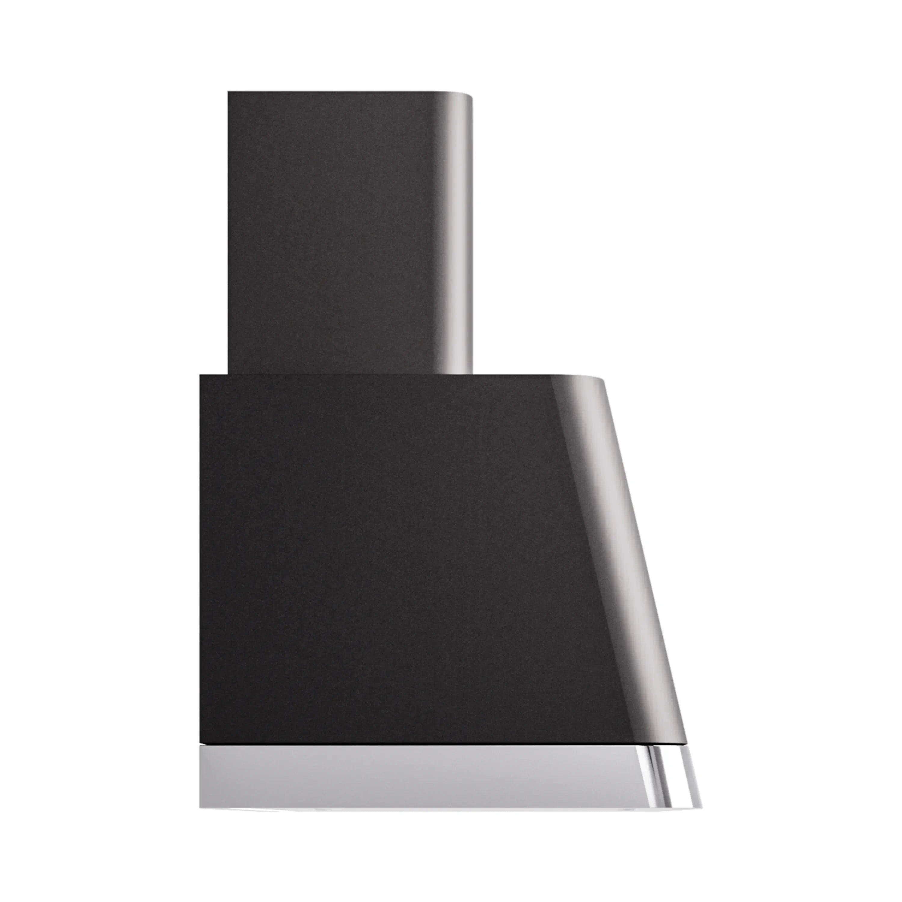 Matte black ducted range hood angled side view with stainless trim