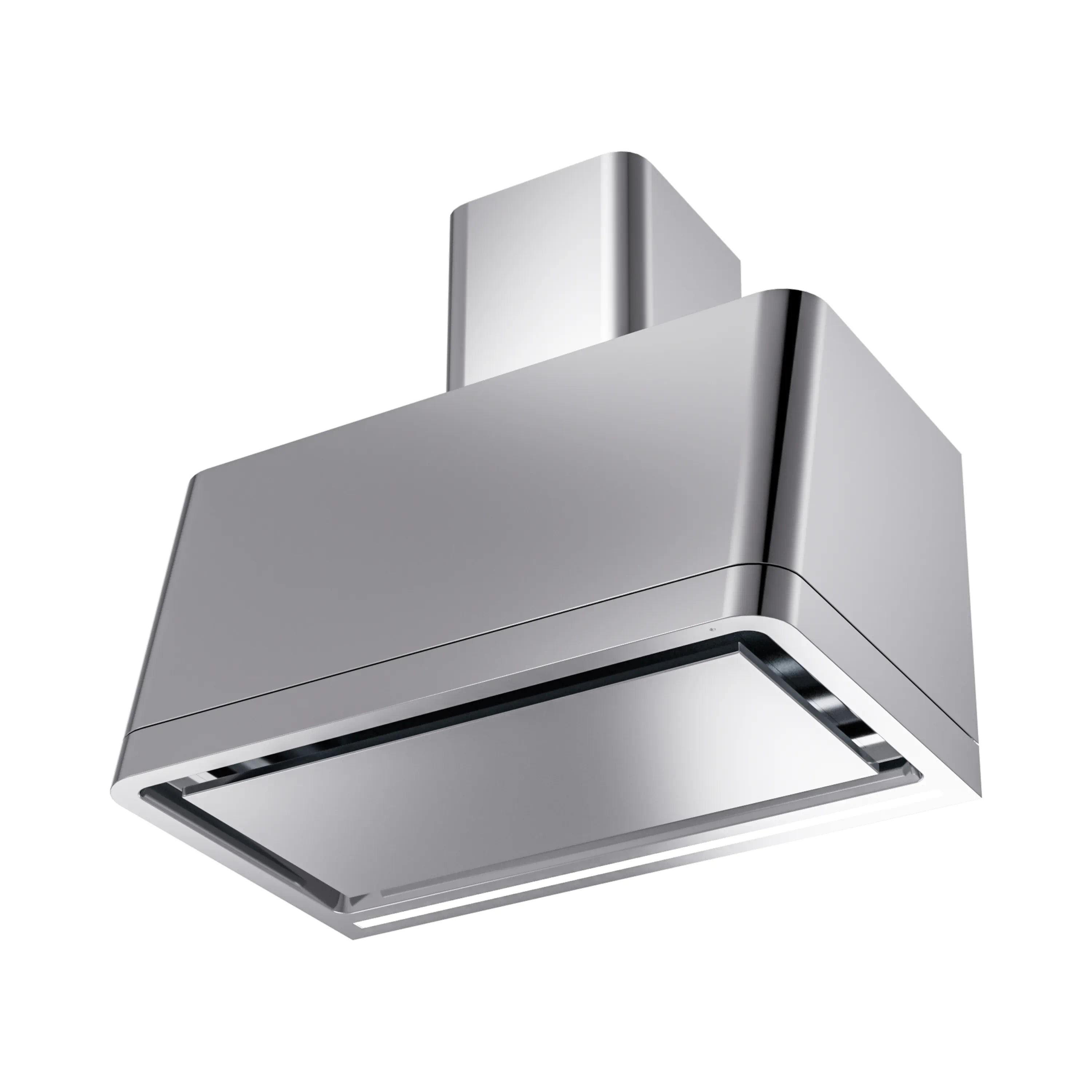 Stainless steel ducted range hood, angled view with open filter area