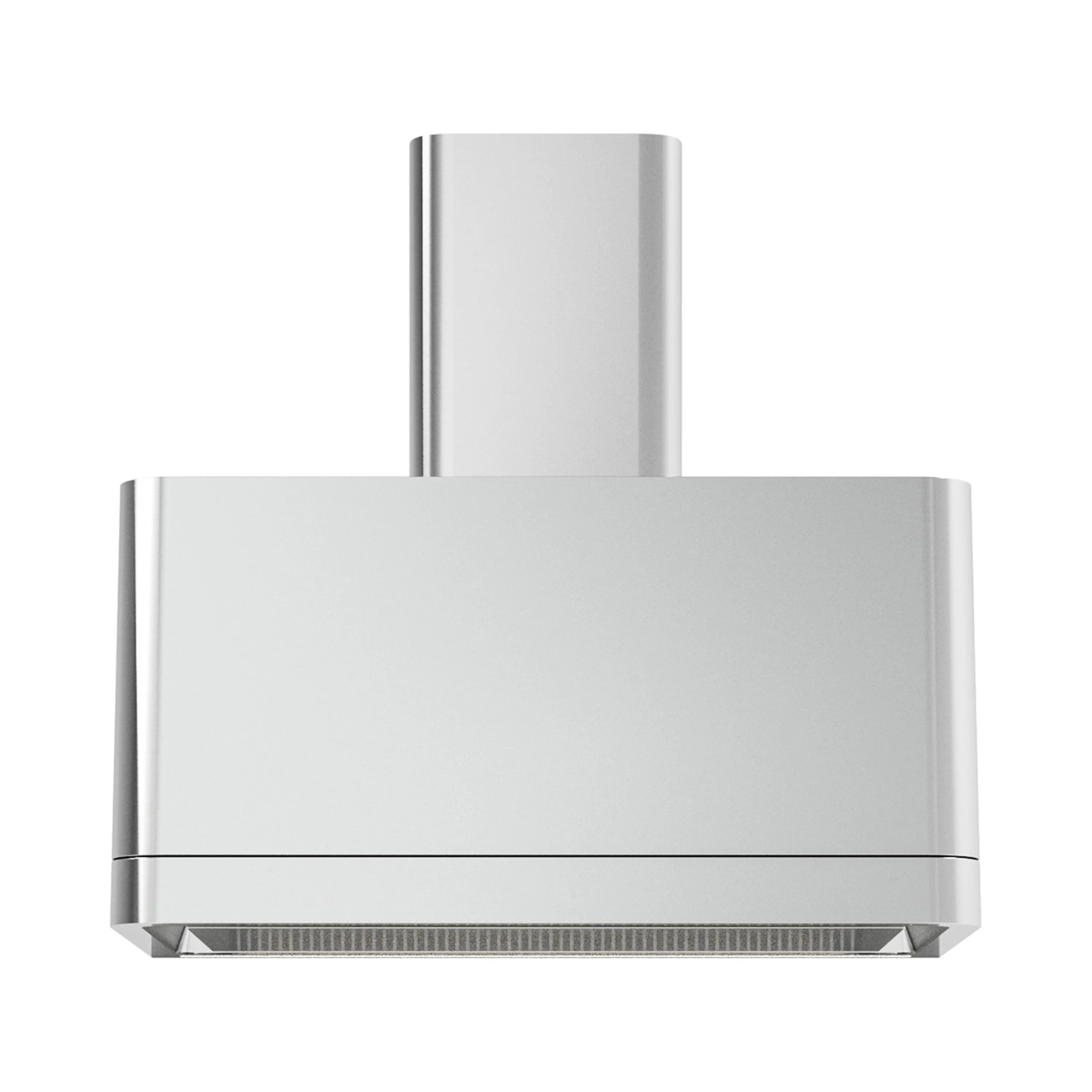 Stainless steel ducted range hood front view with bottom vent grille