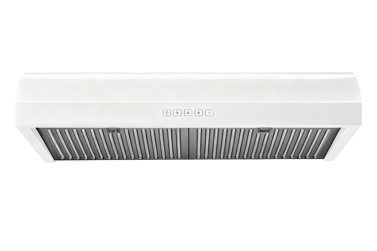 White under-cabinet range hood with curved front, panel LED control buttons, and metal filters