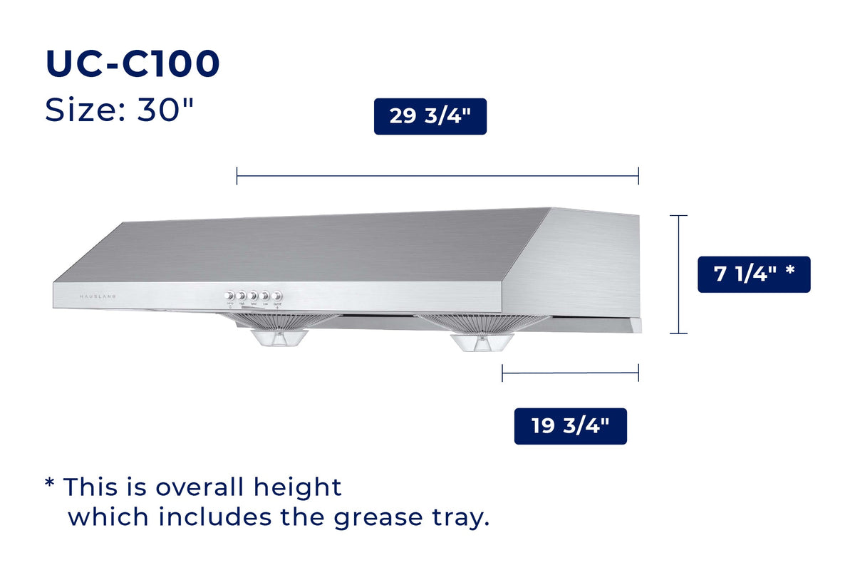 Hauslane 30-Inch 300 CFM Under Cabinet Push Button Range Hood with Grease Catchers in Stainless Steel (UC-C100SS-30)