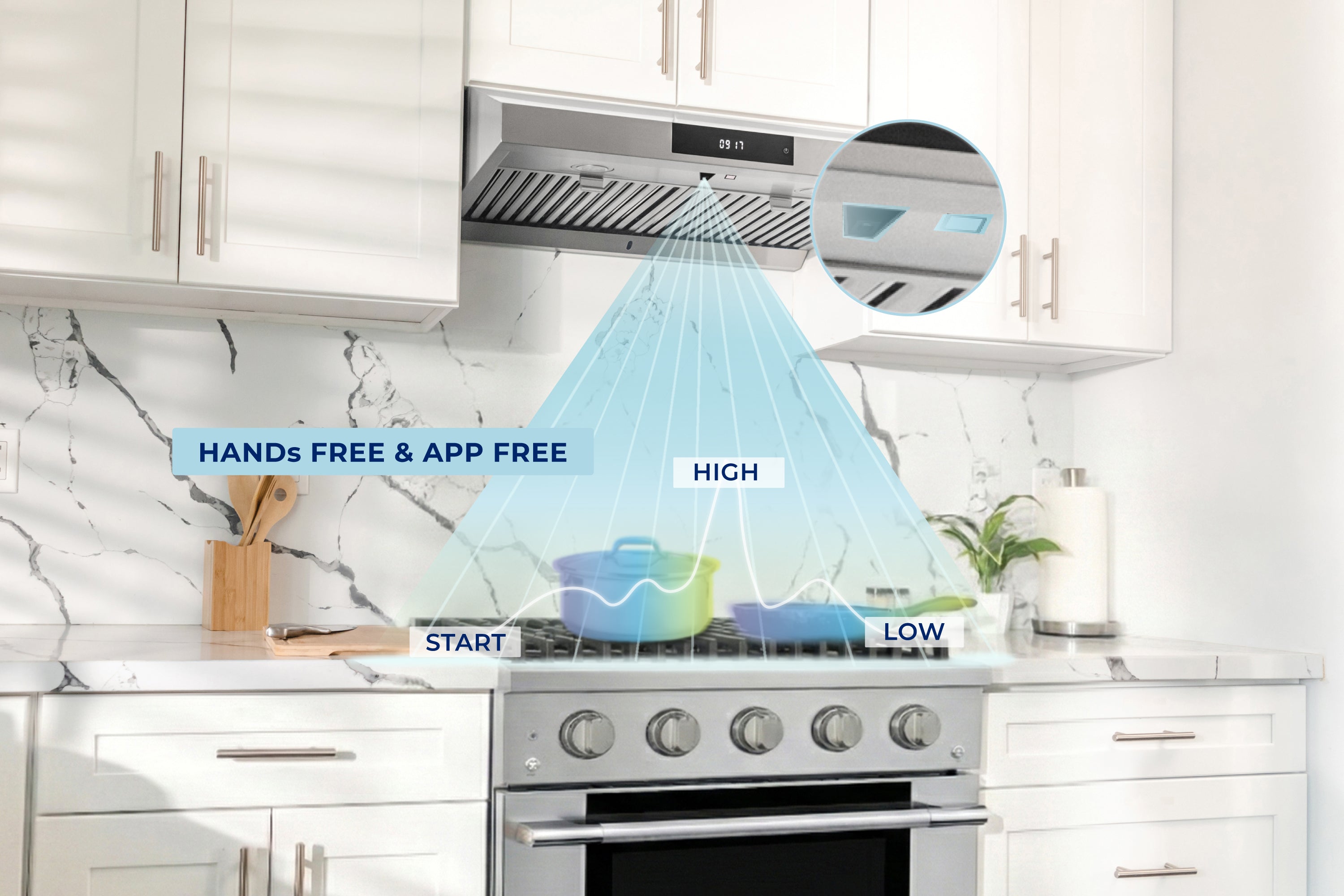 Under-cabinet range hood above the stove with vent grille and control display