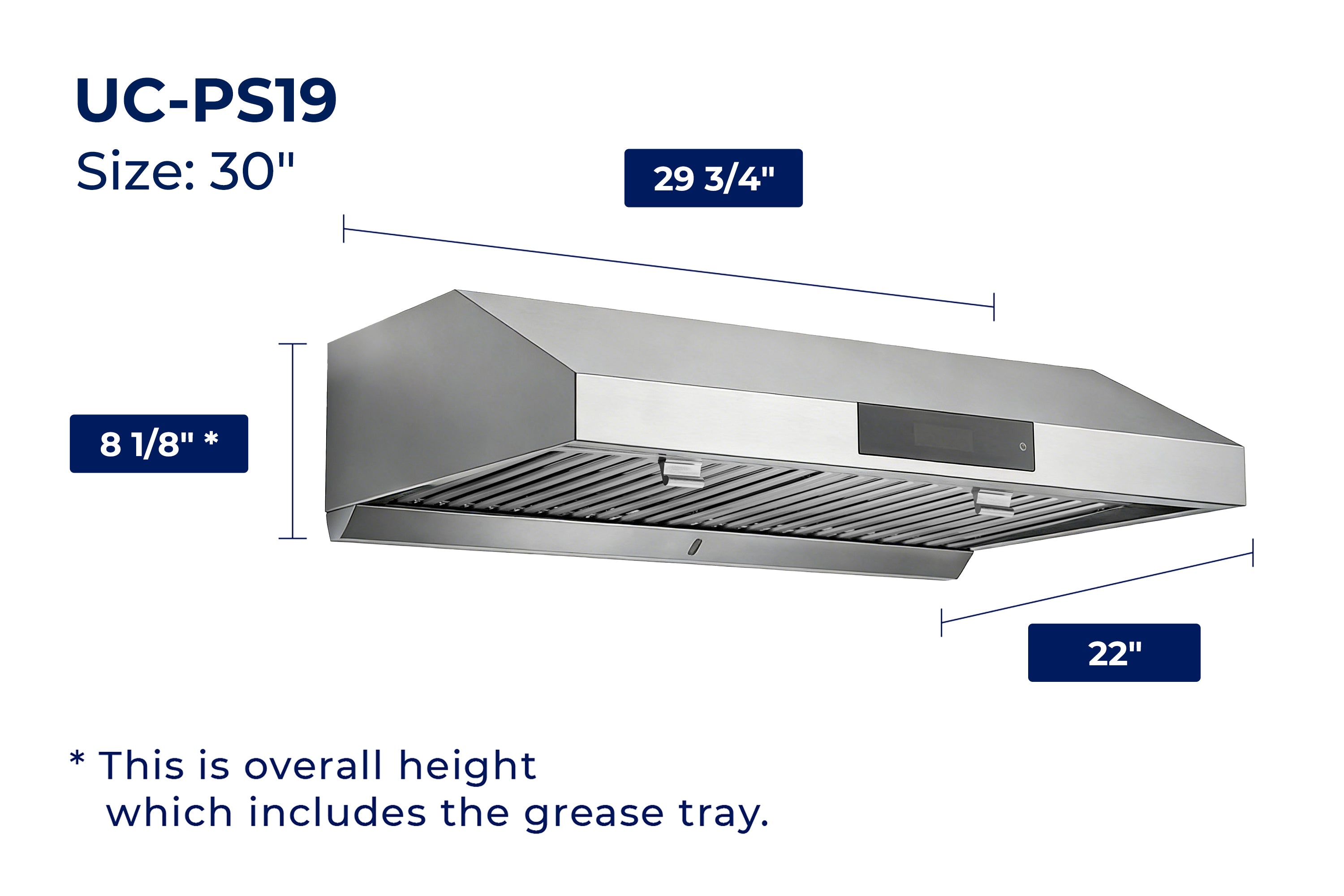 Under-cabinet range hood size diagram with labeled dimensions