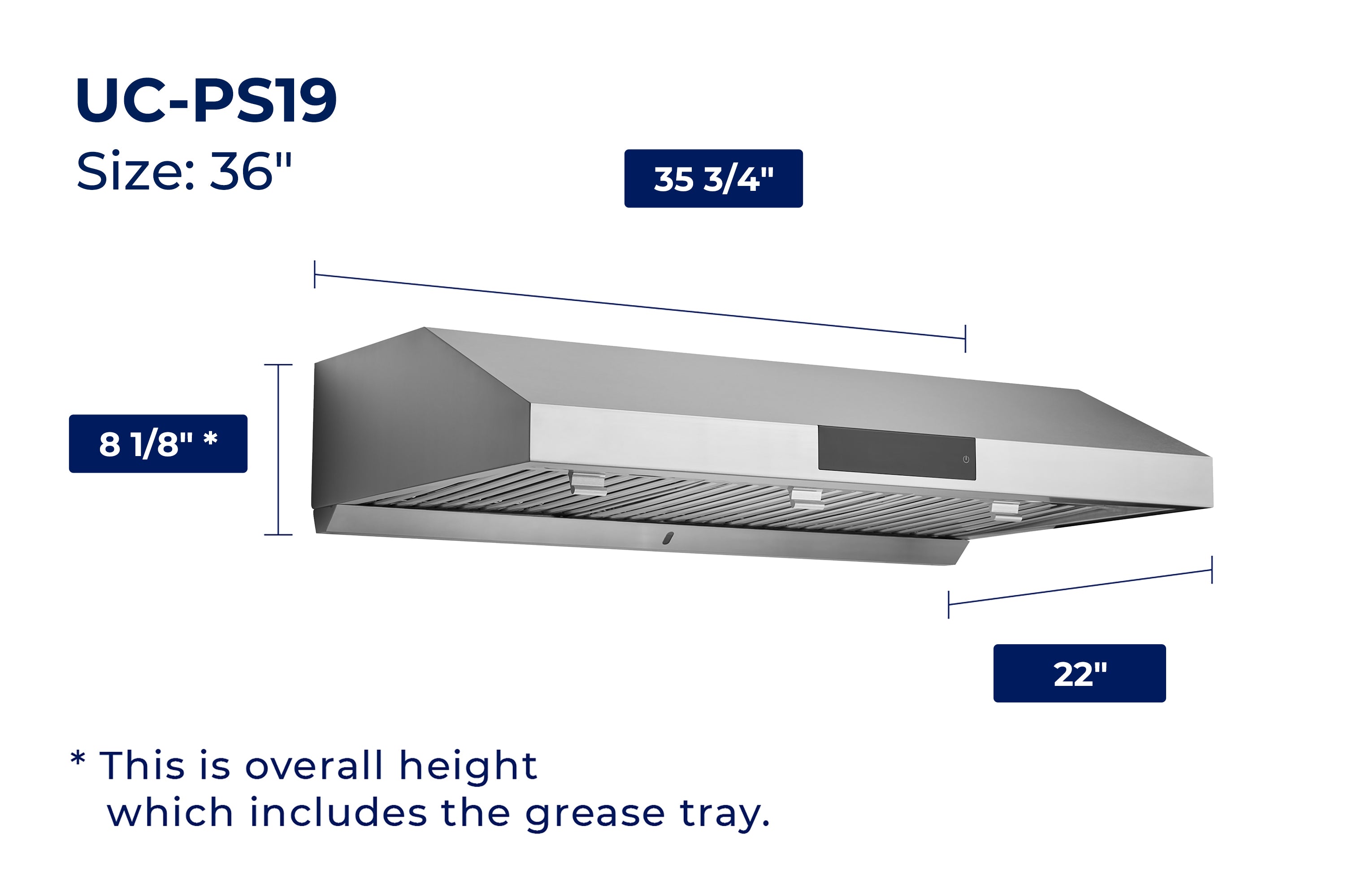 UC-PS19 under-cabinet range hood size 36 in, with 8 1/8 in height