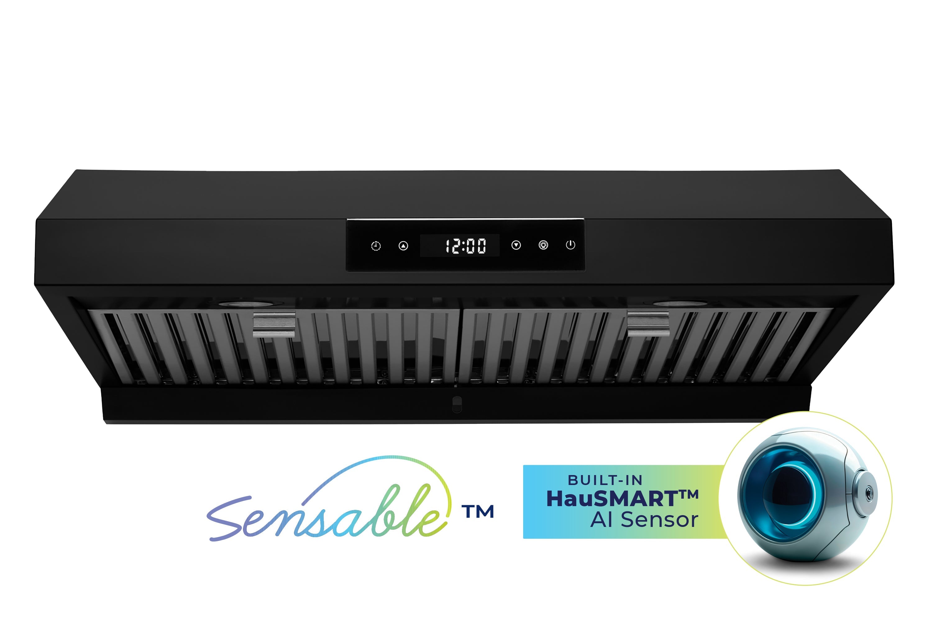 Matte black under-cabinet range hood with front vent slats and centered control panel