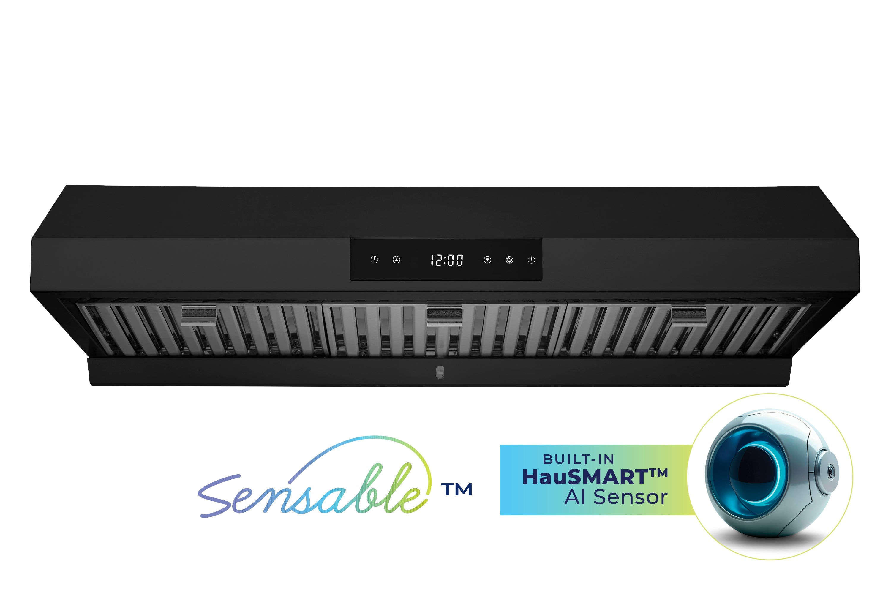 Matte black under-cabinet range hood, compact front view with vent grille