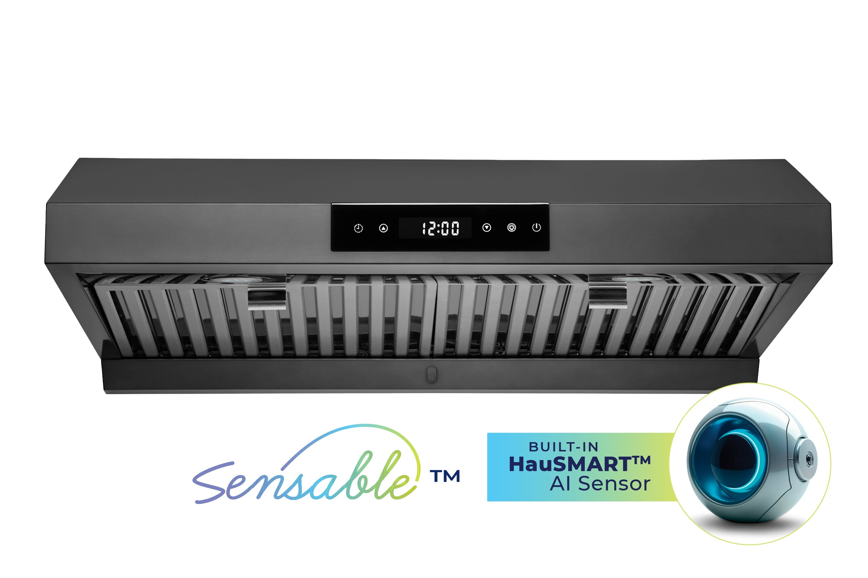 Matte black under-cabinet range hood with vent grille and front control panel
