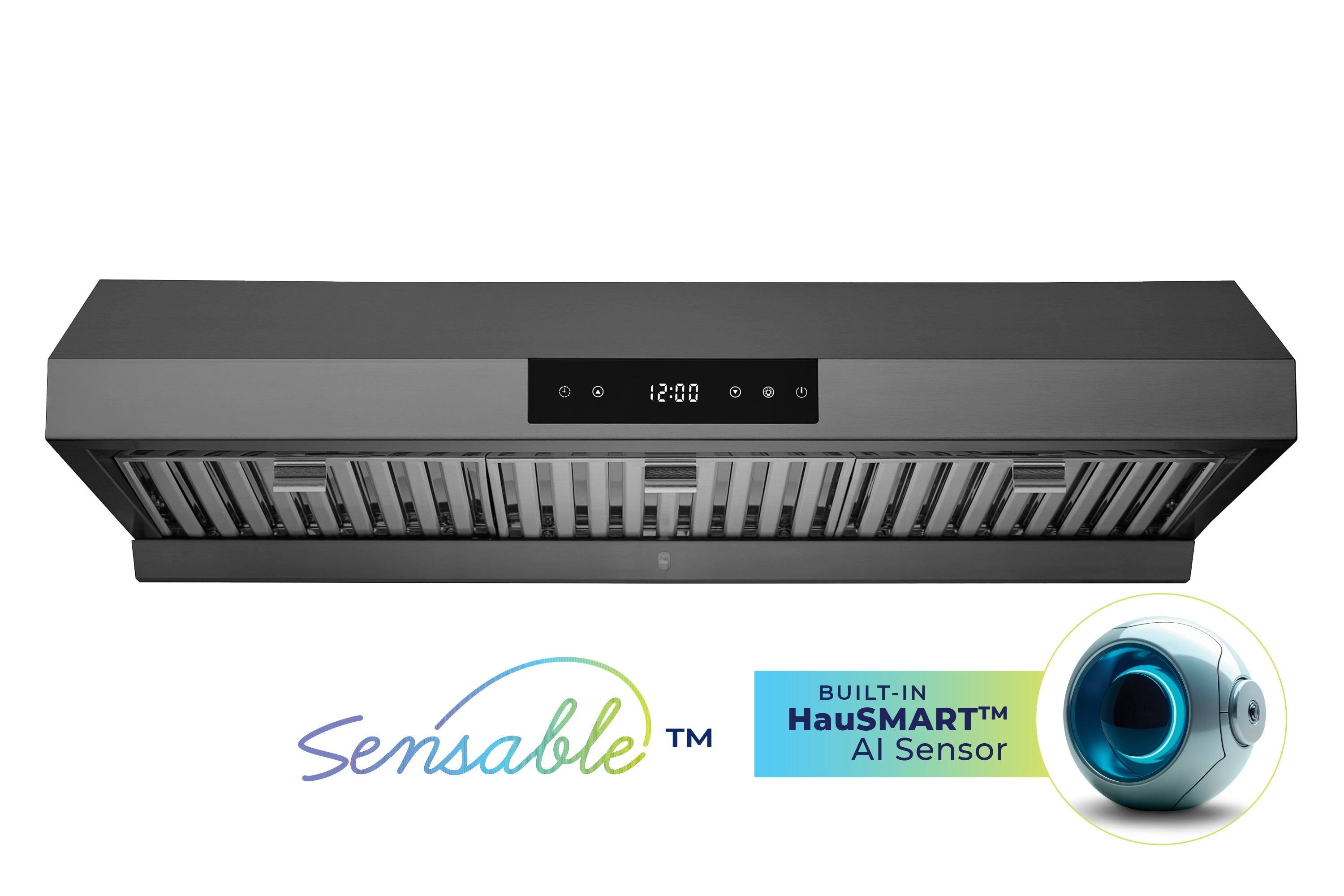 Stainless steel under-cabinet range hood with vent grille and control panel