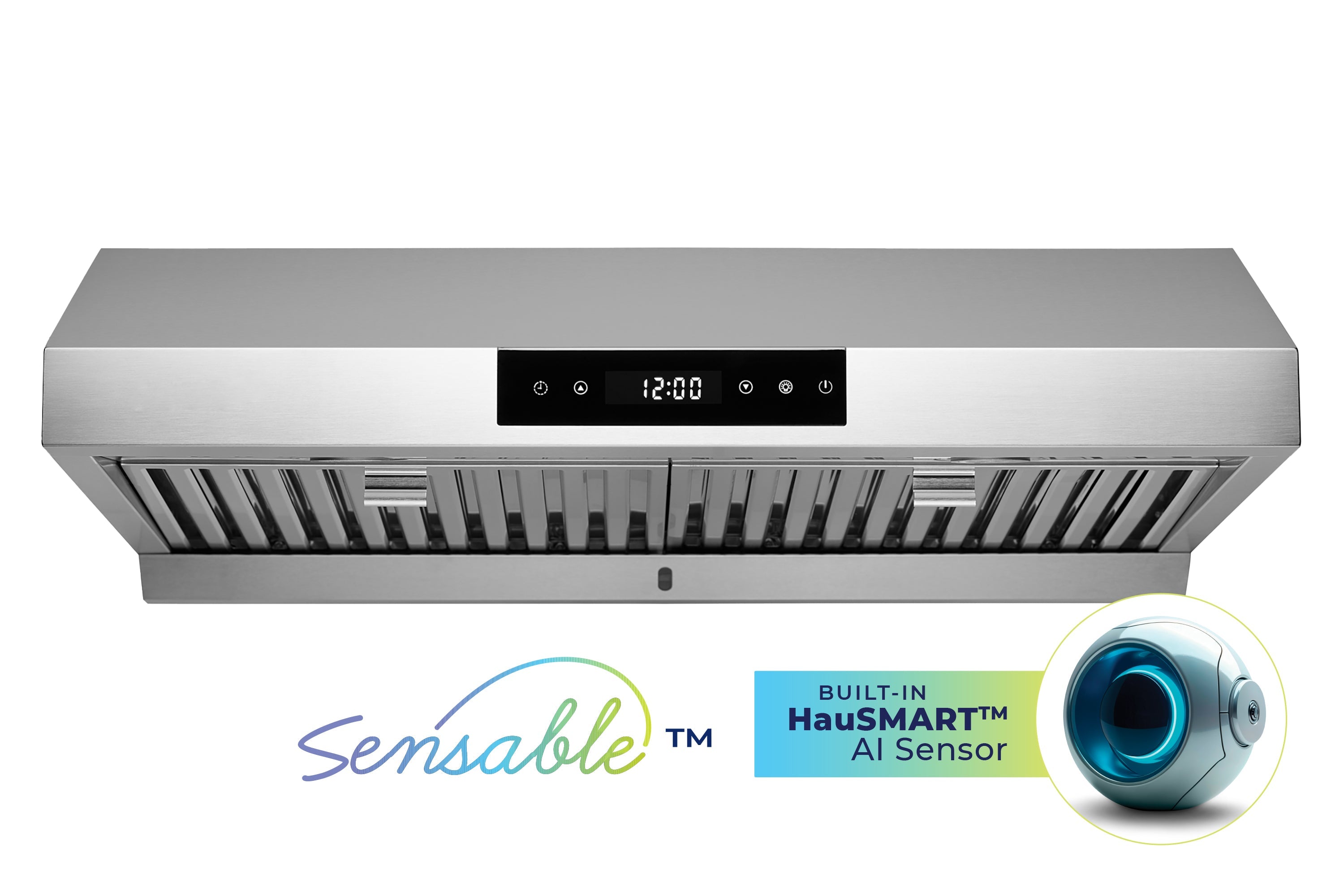 Stainless steel under-cabinet range hood with front vent slats and display panel