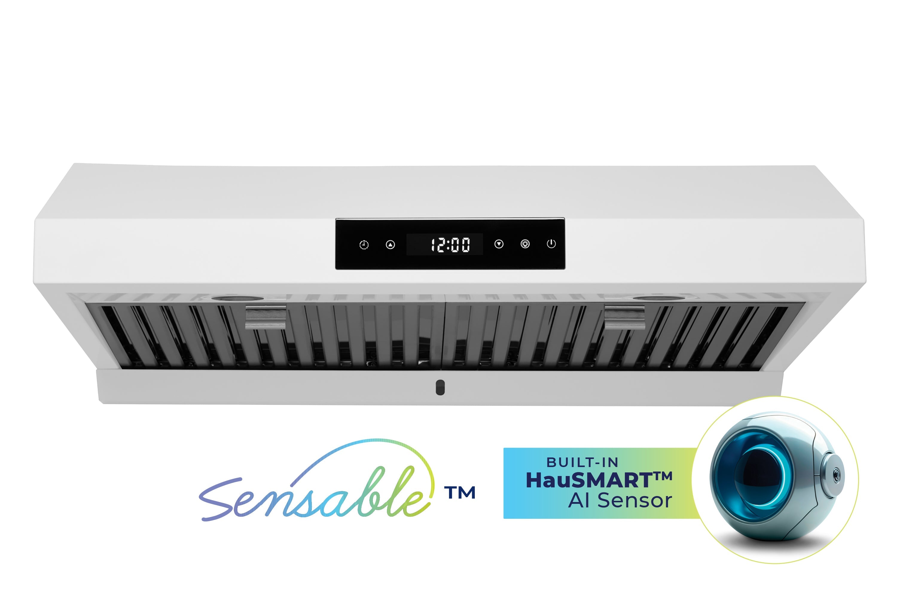Matte white under-cabinet range hood with front vent slats and control panel