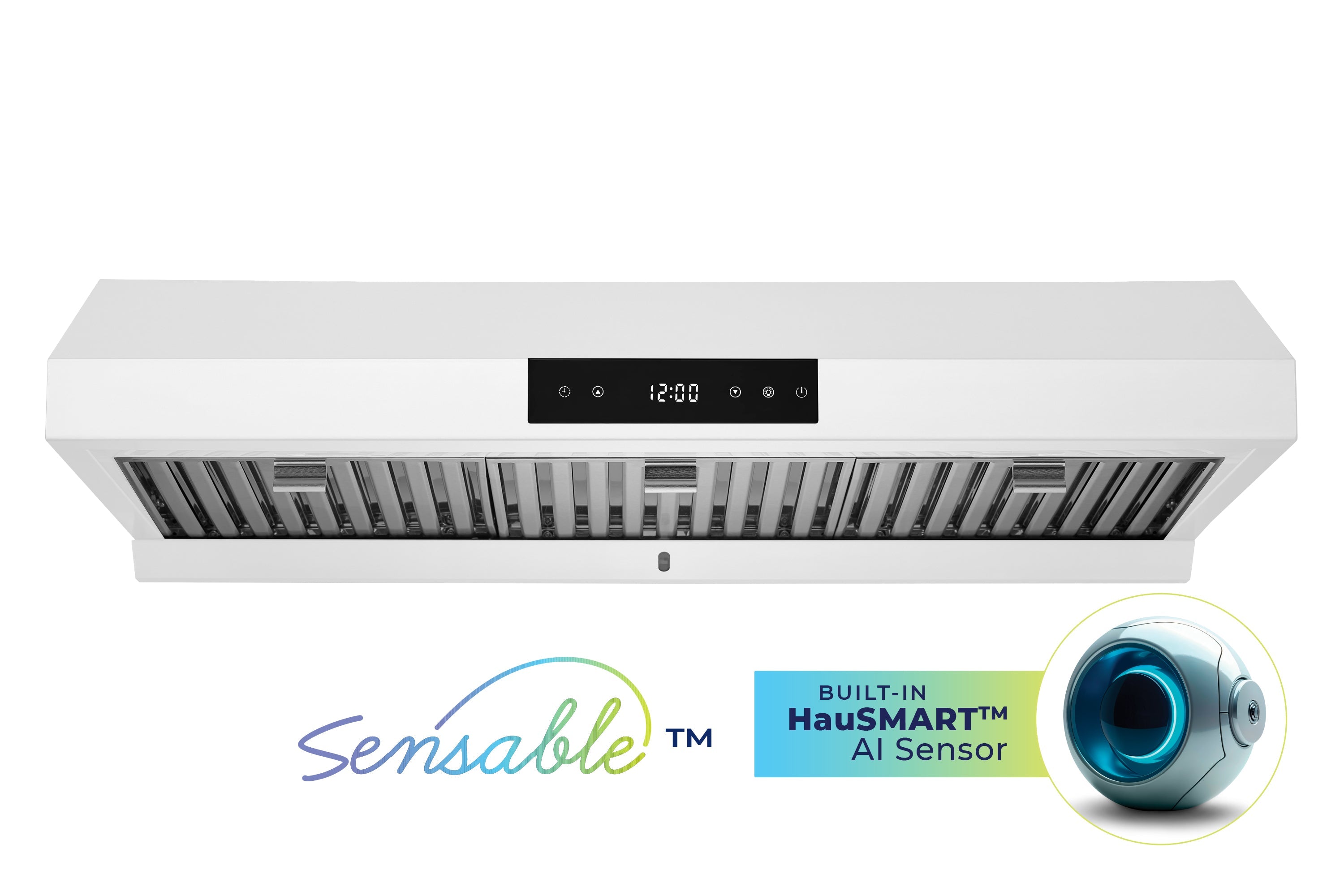Stainless steel under-cabinet range hood with control panel and vent grille