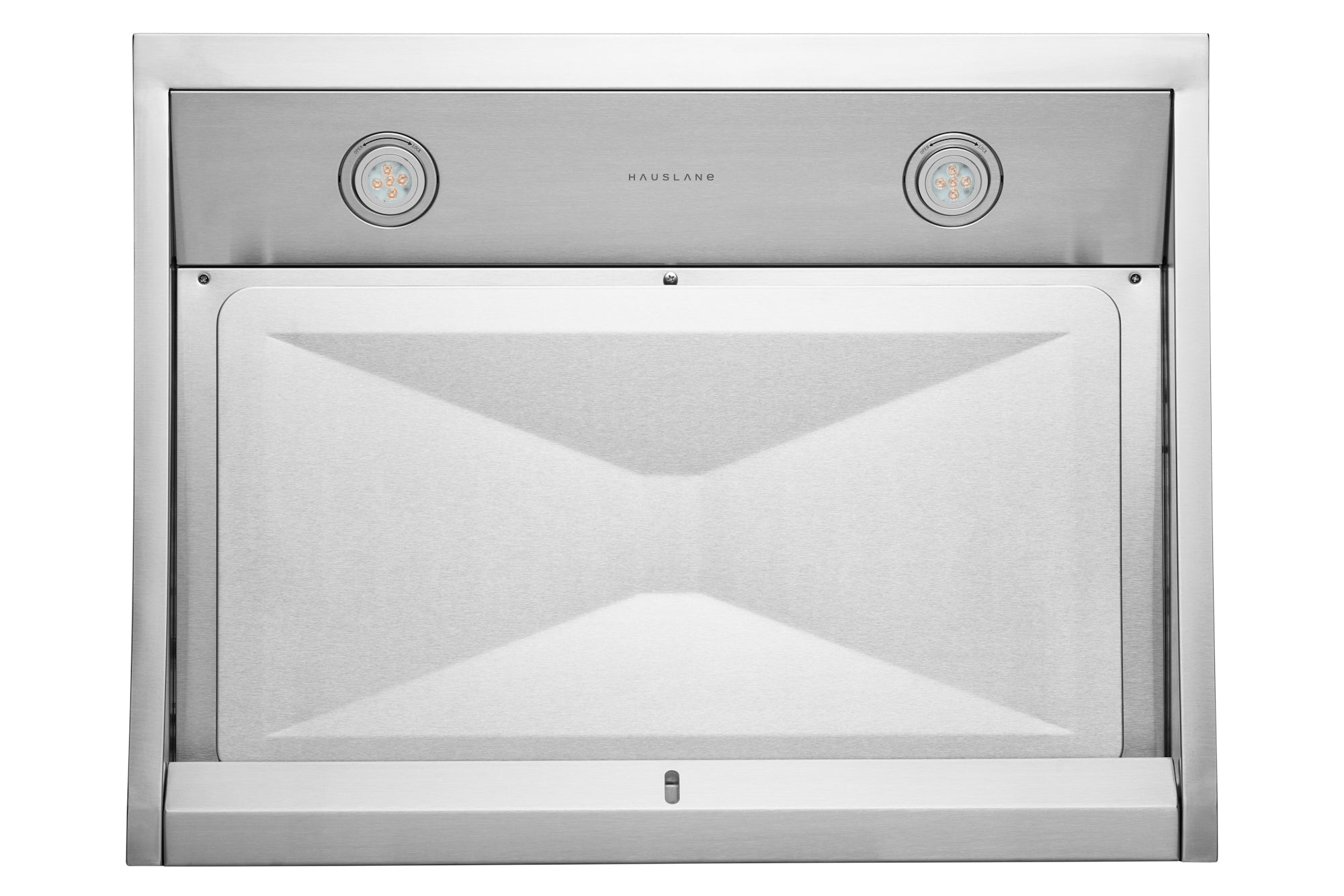 Stainless steel under-cabinet range hood with two round LED lights and glass screen