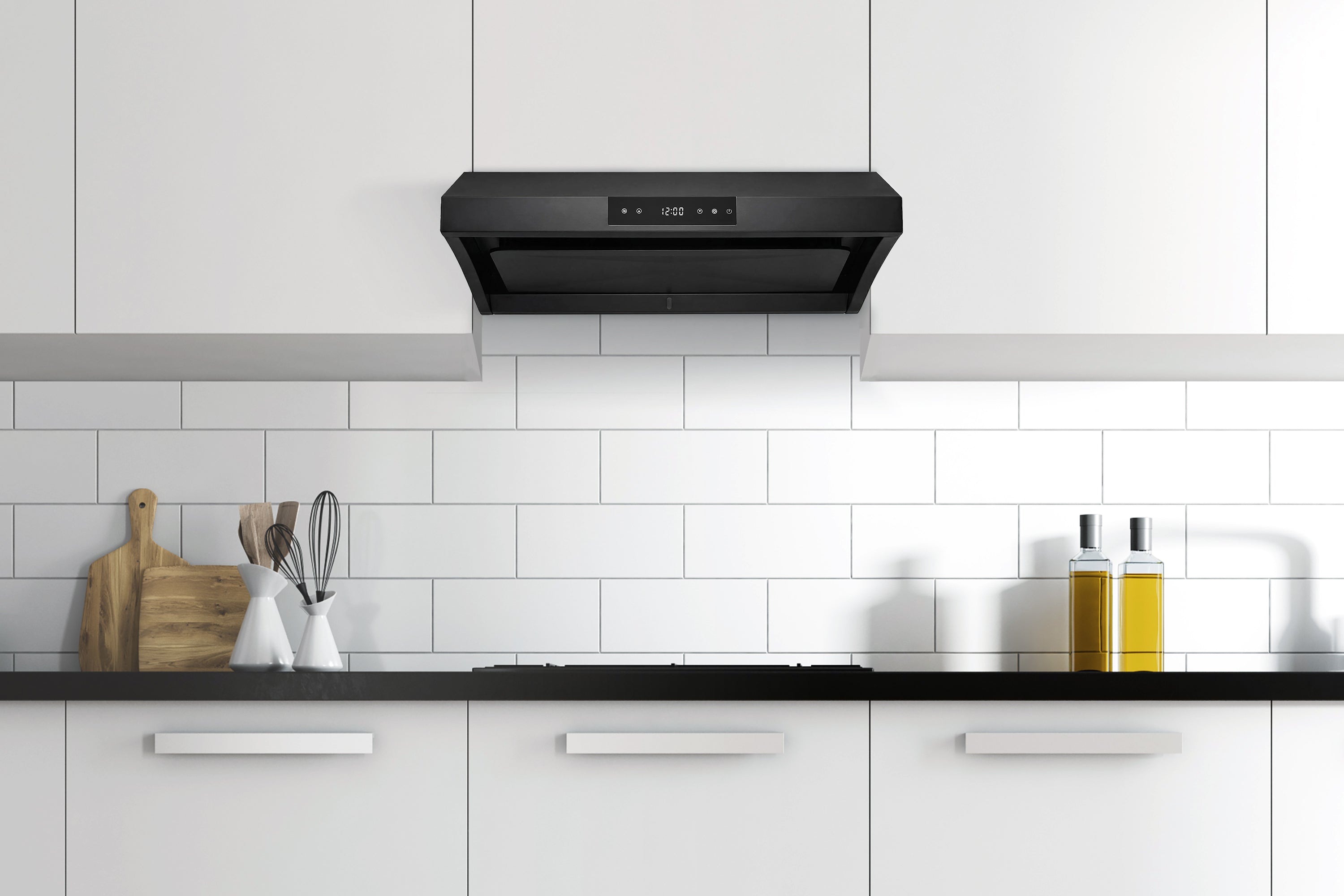 Matte black under-cabinet range hood with touch control panel and Auto Clean feature