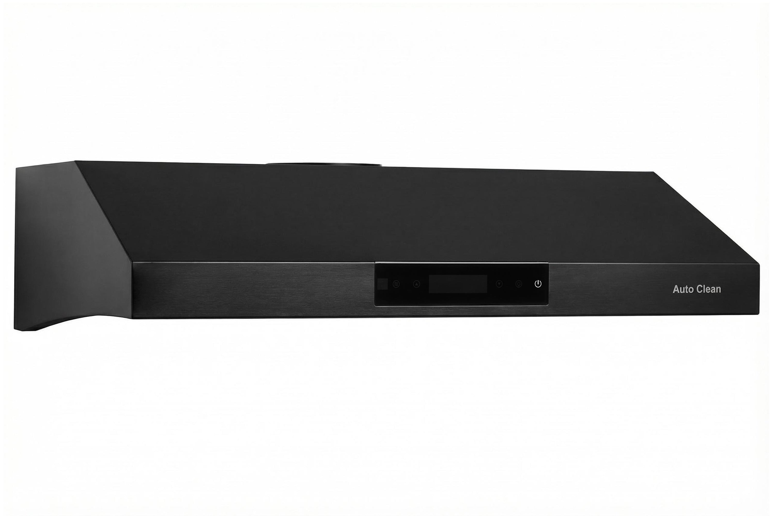 Matte black under-cabinet range hood with front touch control strip and Auto Clean