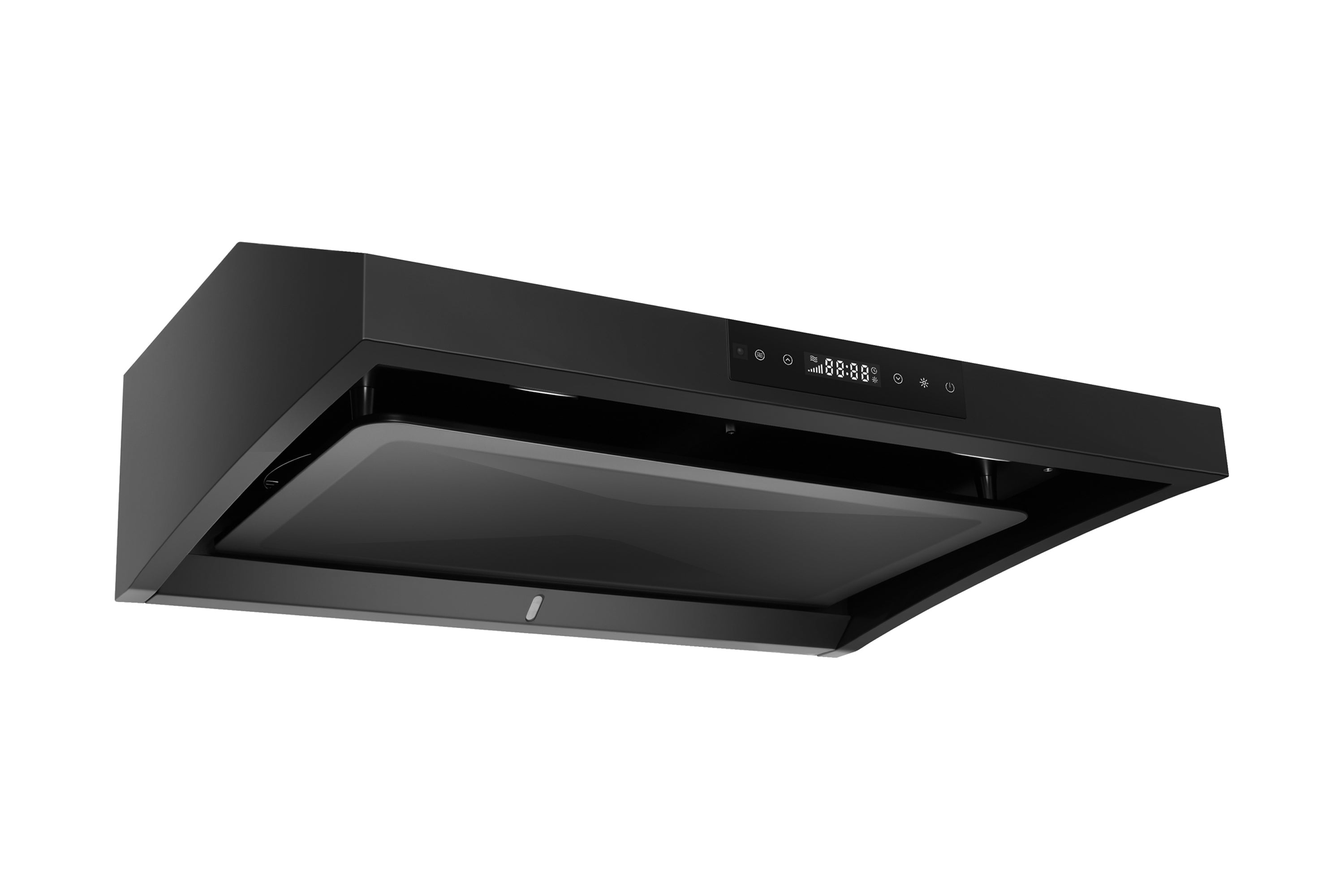 Matte black under-cabinet range hood viewed from below with vent opening and controls
