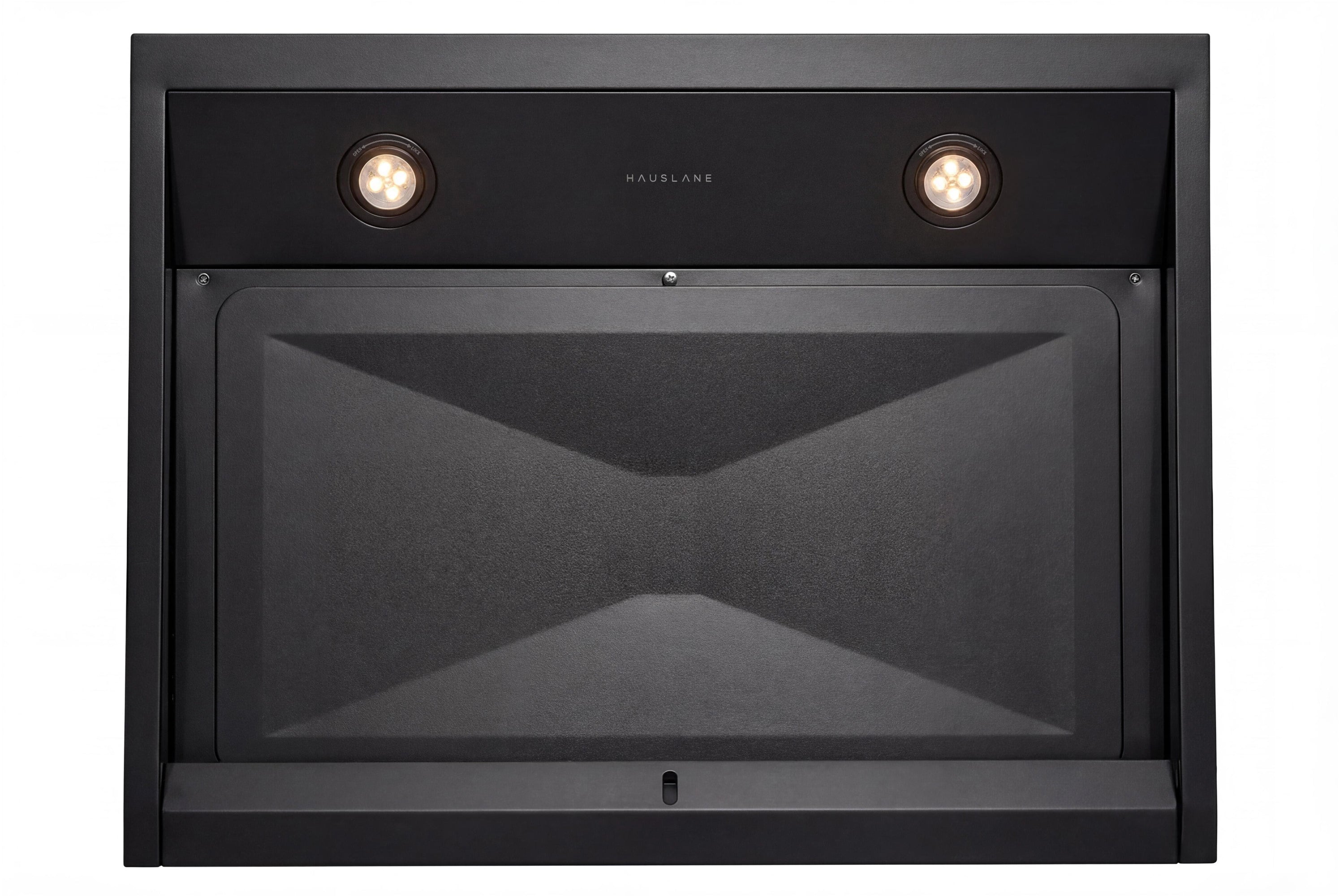 Dark appliance front panel with two round lights and a glass viewing window