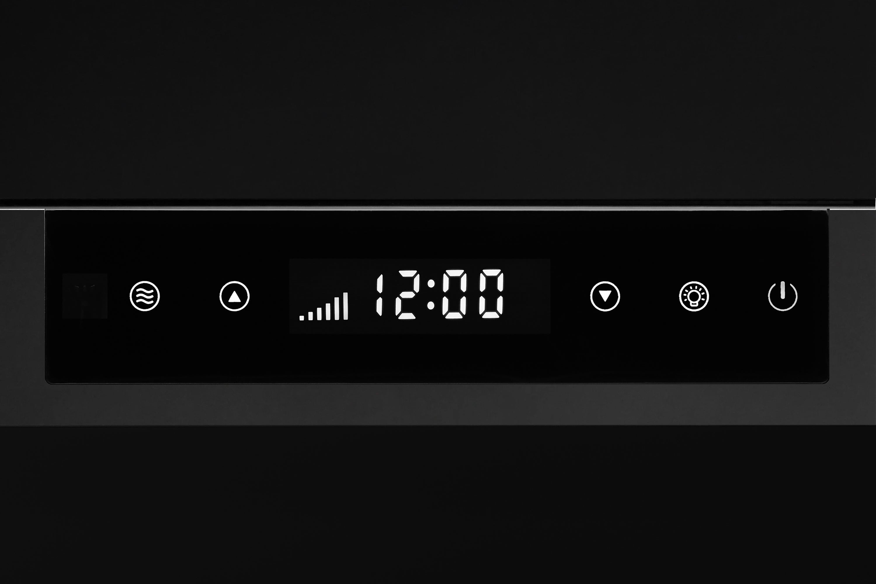 Black range hood control panel close-up with digital time and light icons