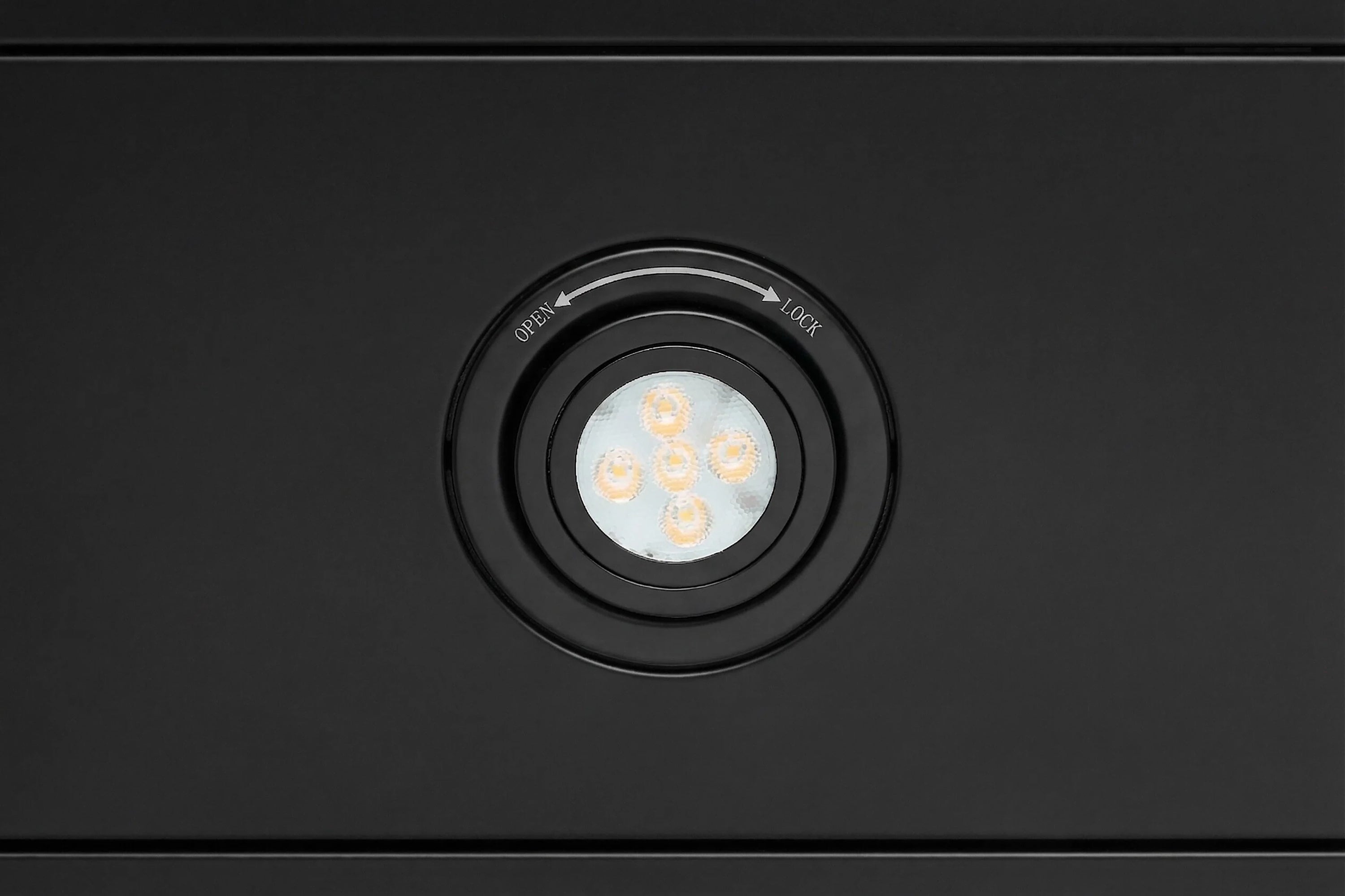 Matte black under-cabinet range hood touch control dial with light indicator