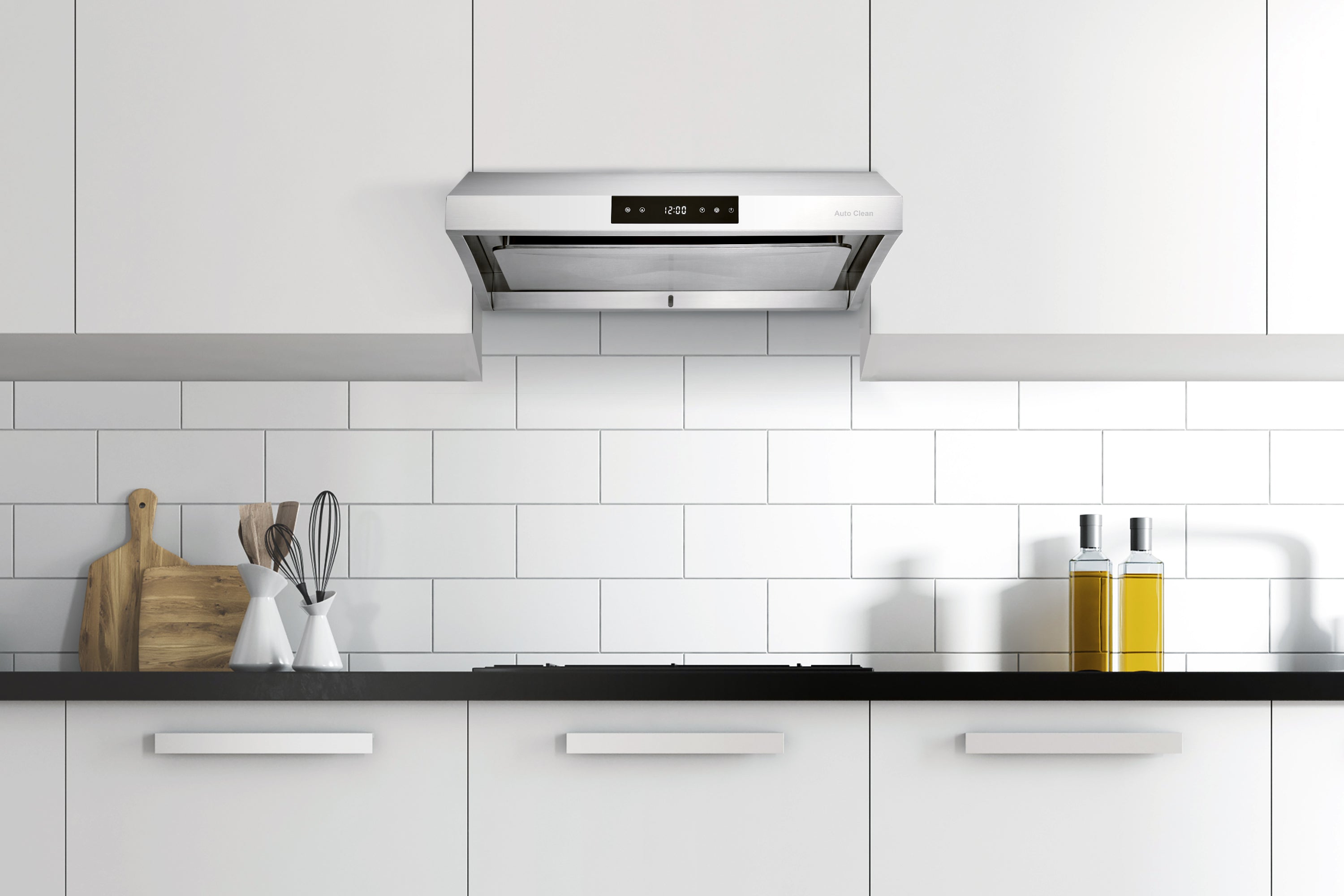Stainless under-cabinet range hood above kitchen backsplash with touch control panel
