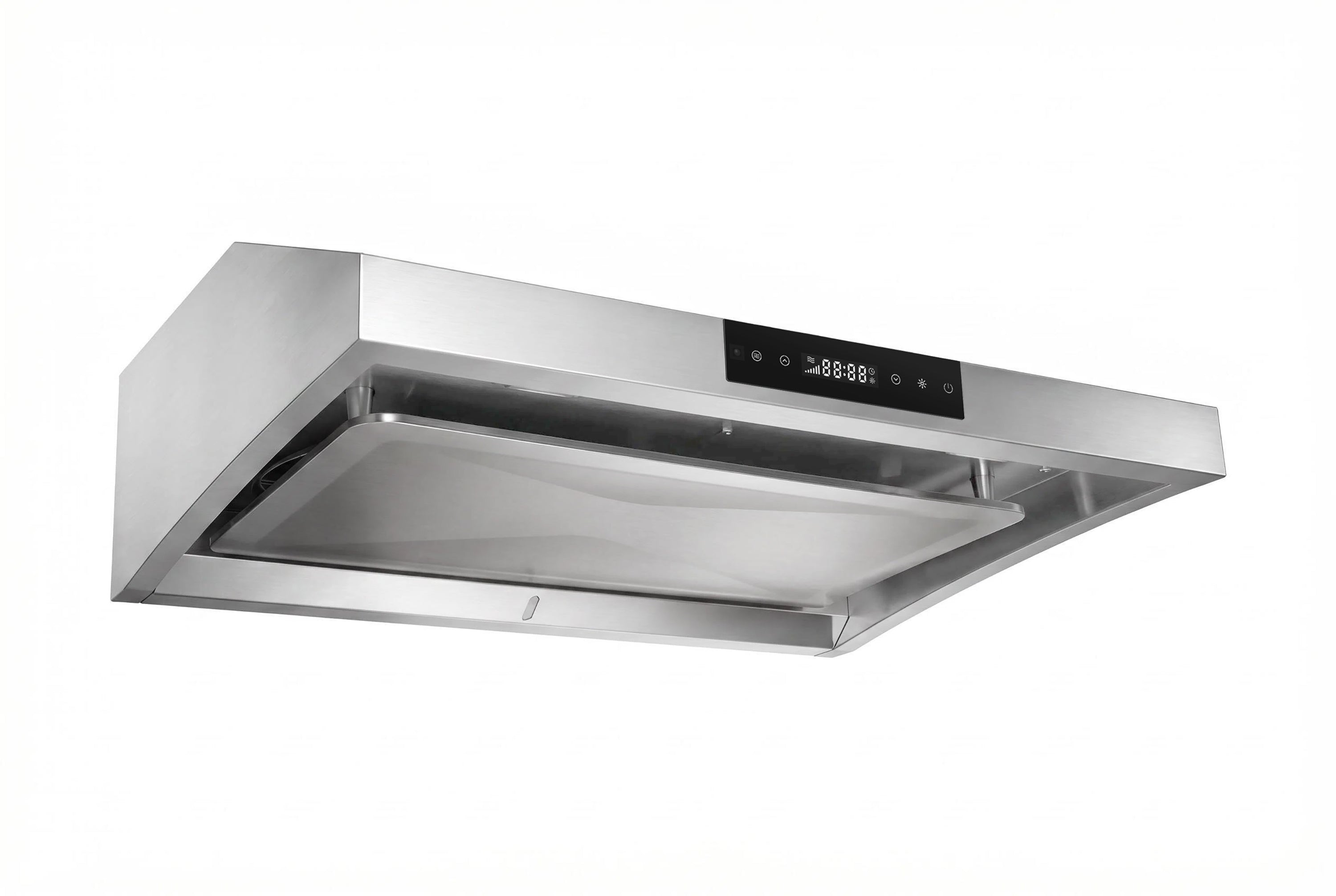 Stainless under-cabinet range hood viewed from below with vent opening and controls