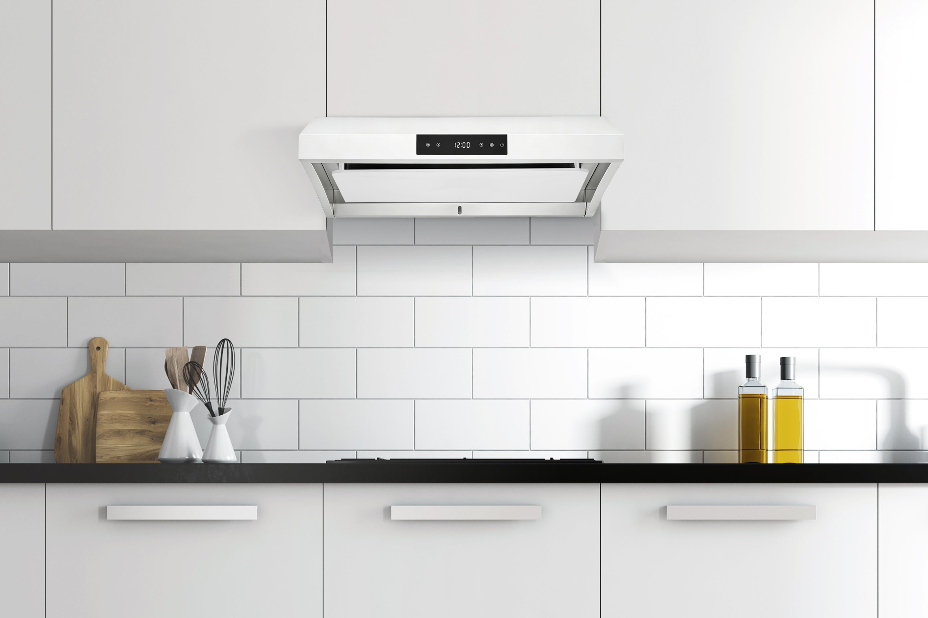 Matte white under-cabinet range hood with touch control panel and Auto Clean feature