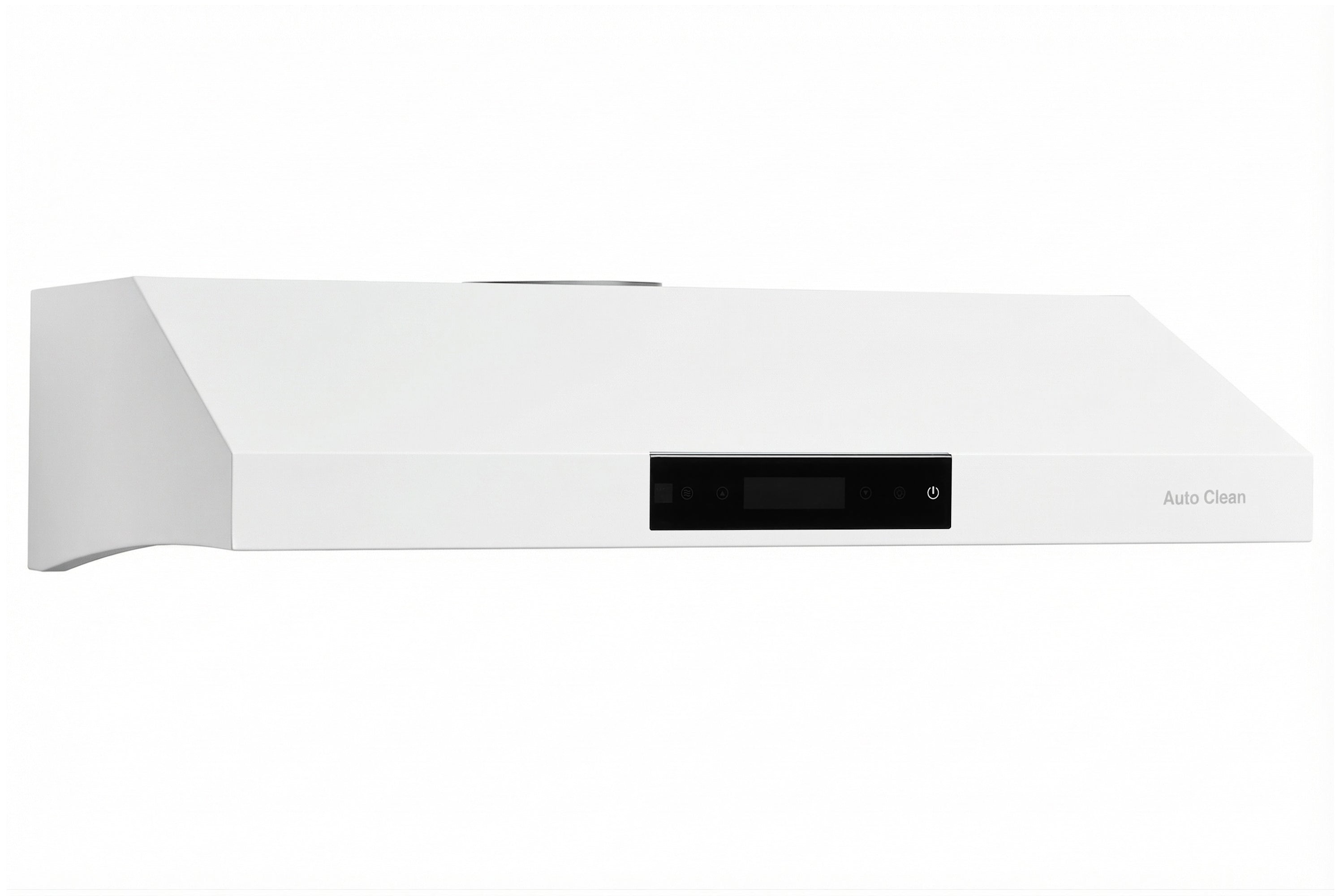 Matte white under-cabinet range hood with front touch control strip and Auto Clean