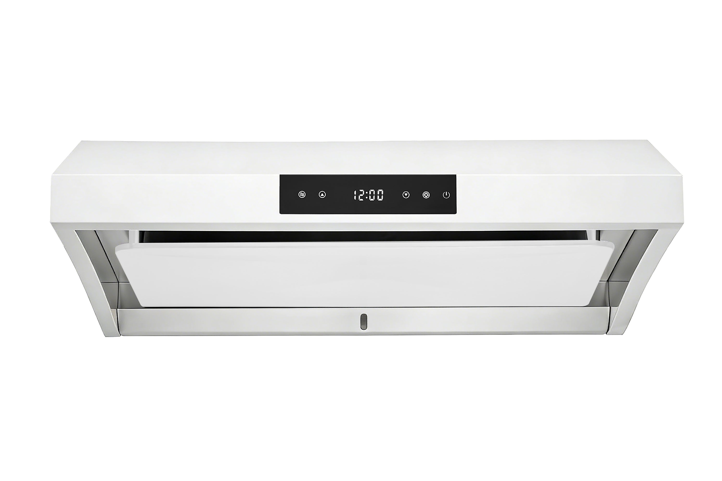 Matte white under-cabinet range hood with slim touch control panel and display