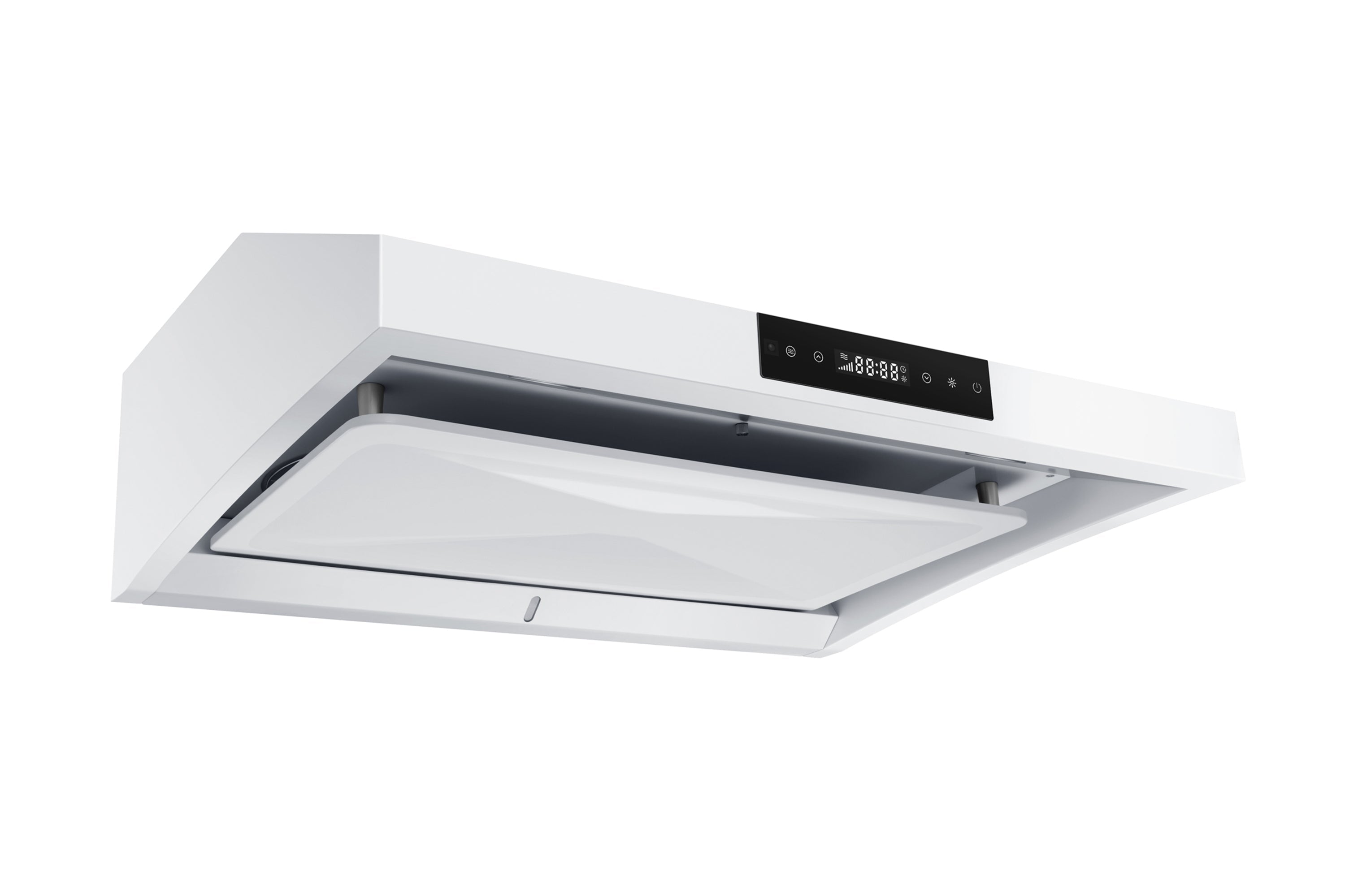 Matte white under-cabinet range hood viewed from below with vent opening and controls